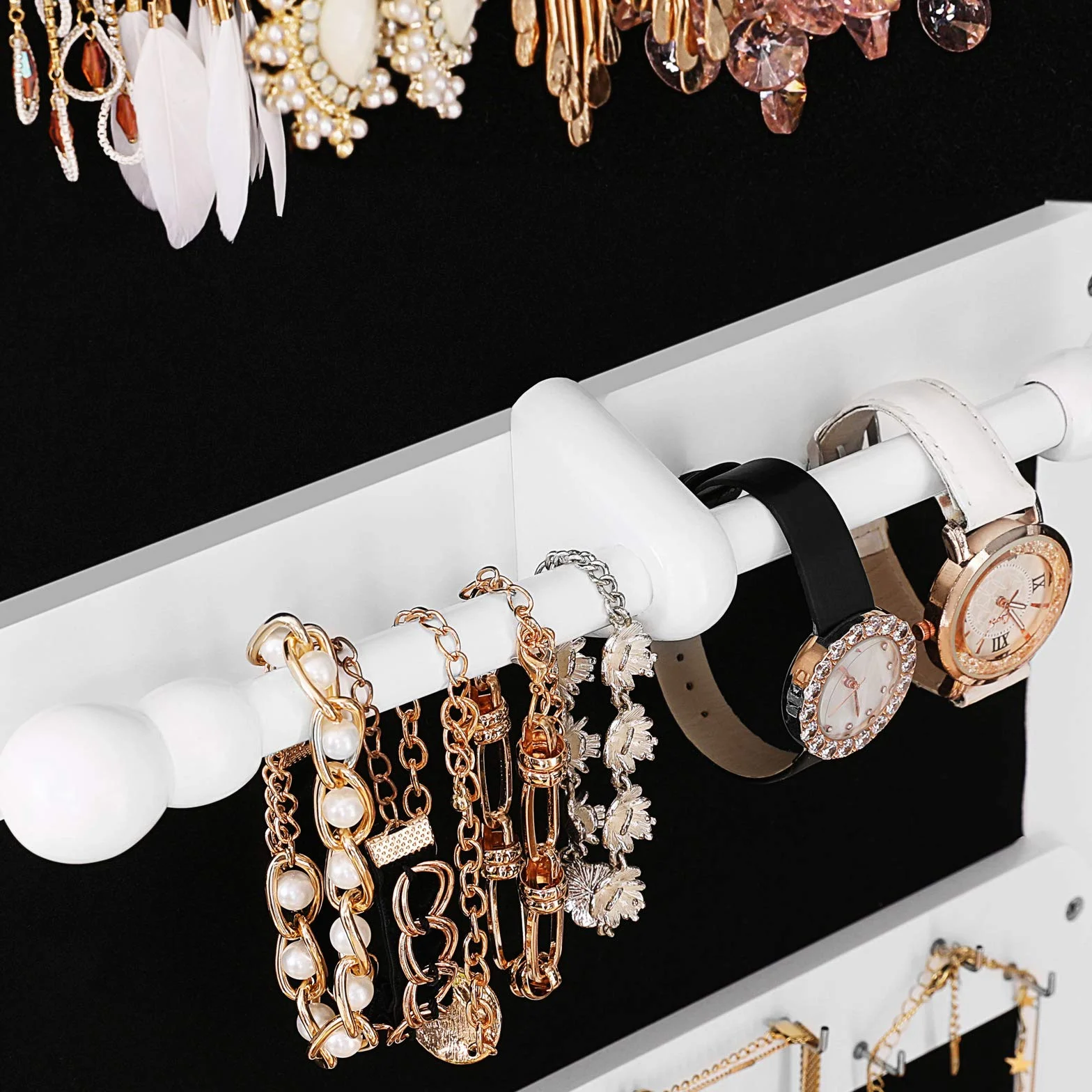 SONGMICS Armario Joyería Ruedas Organizador Joyas Cerradura Luces LED 3 Cajones Espejo Blanco JBC61W