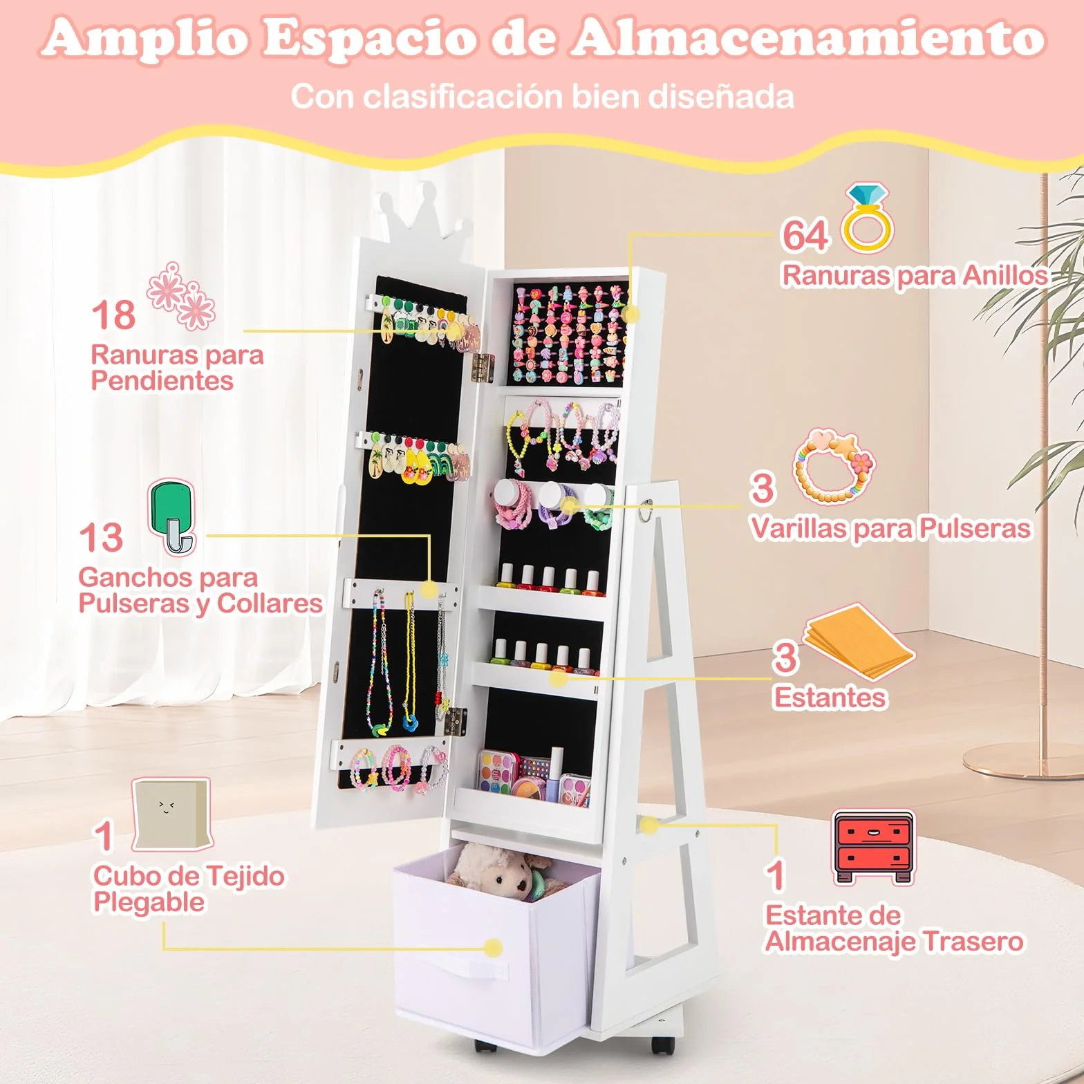 COSTWAY Armario Joyero para Niñas con Espejo de Cuerpo Completo y Base Giratoria, Blanco