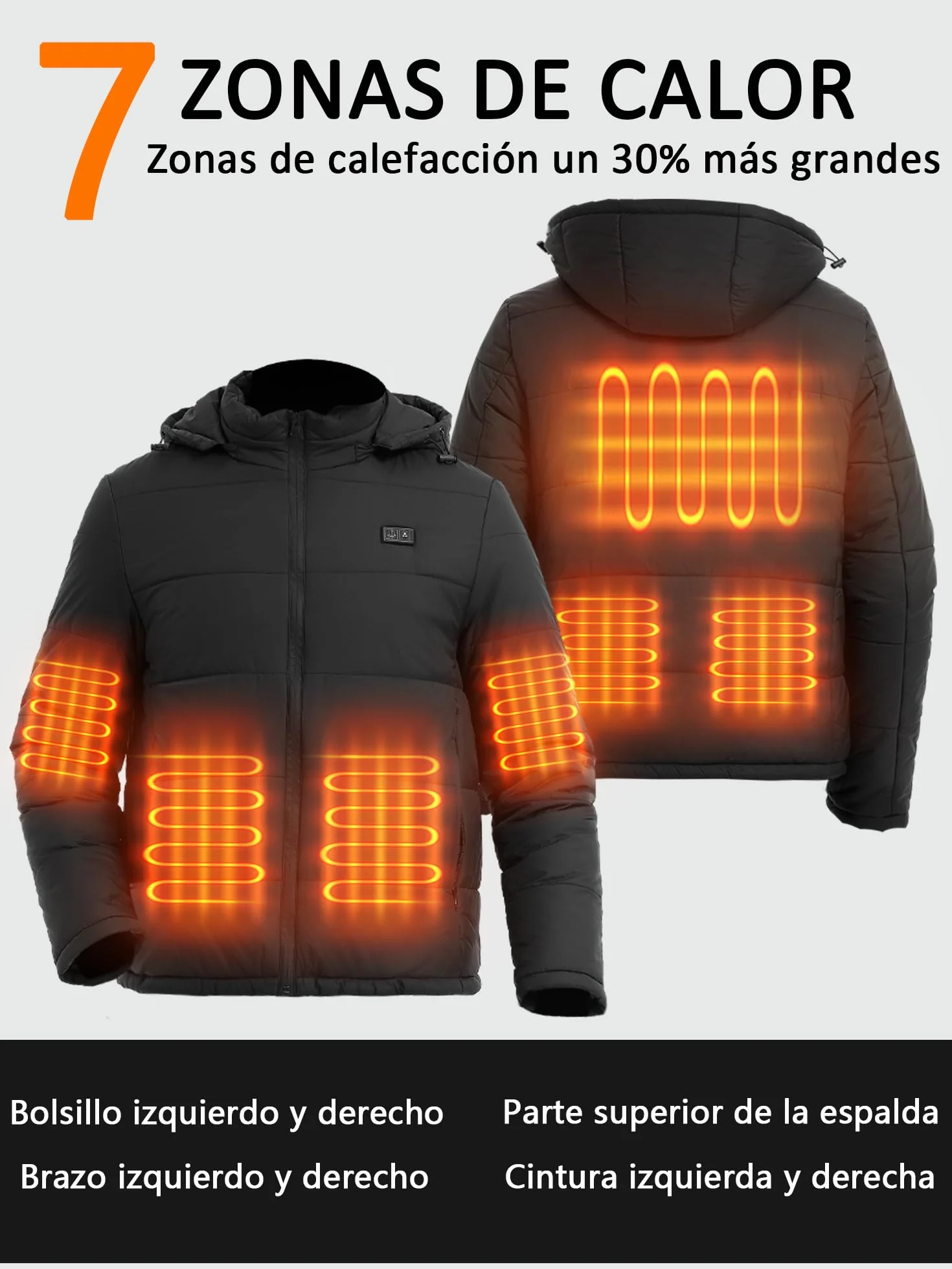Chaqueta Calefactable 7.4V 16000mAh 7 Zonas de Calor Hombre Mujer con Capucha