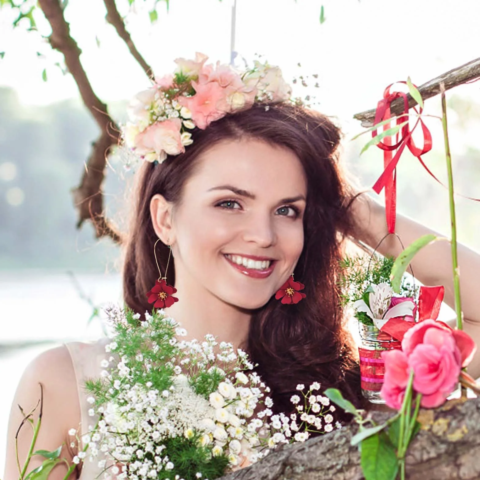 Pendientes Colgantes Flores Pétalos Florales Hada Margaritas Mujer Joyería Bohemio Rojo