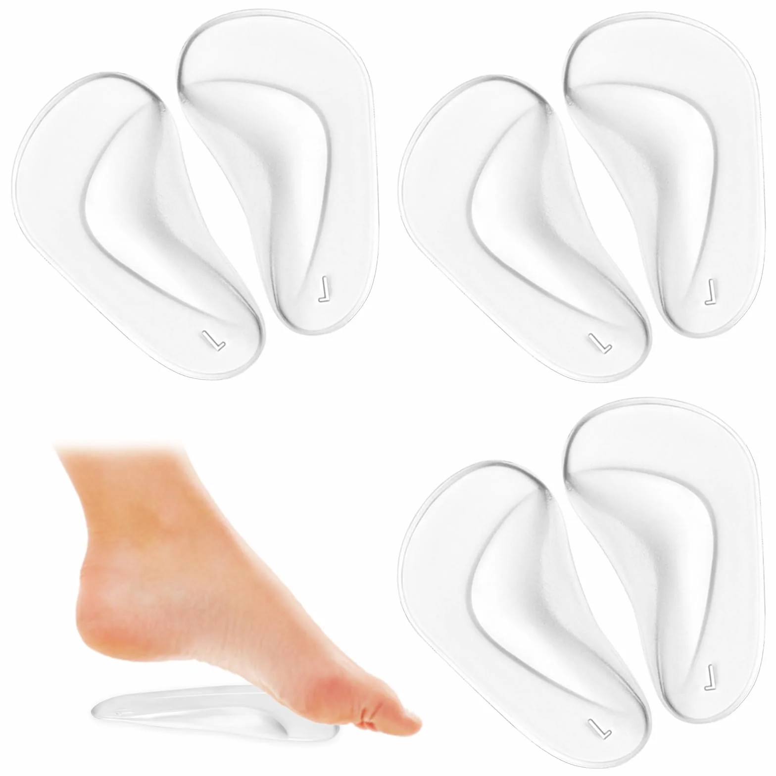 COMNICO 3 Pares Plantillas Autoadhesivas Gel Suave Silicona Transparente Alivio Fascitis Plantar Pies Planos