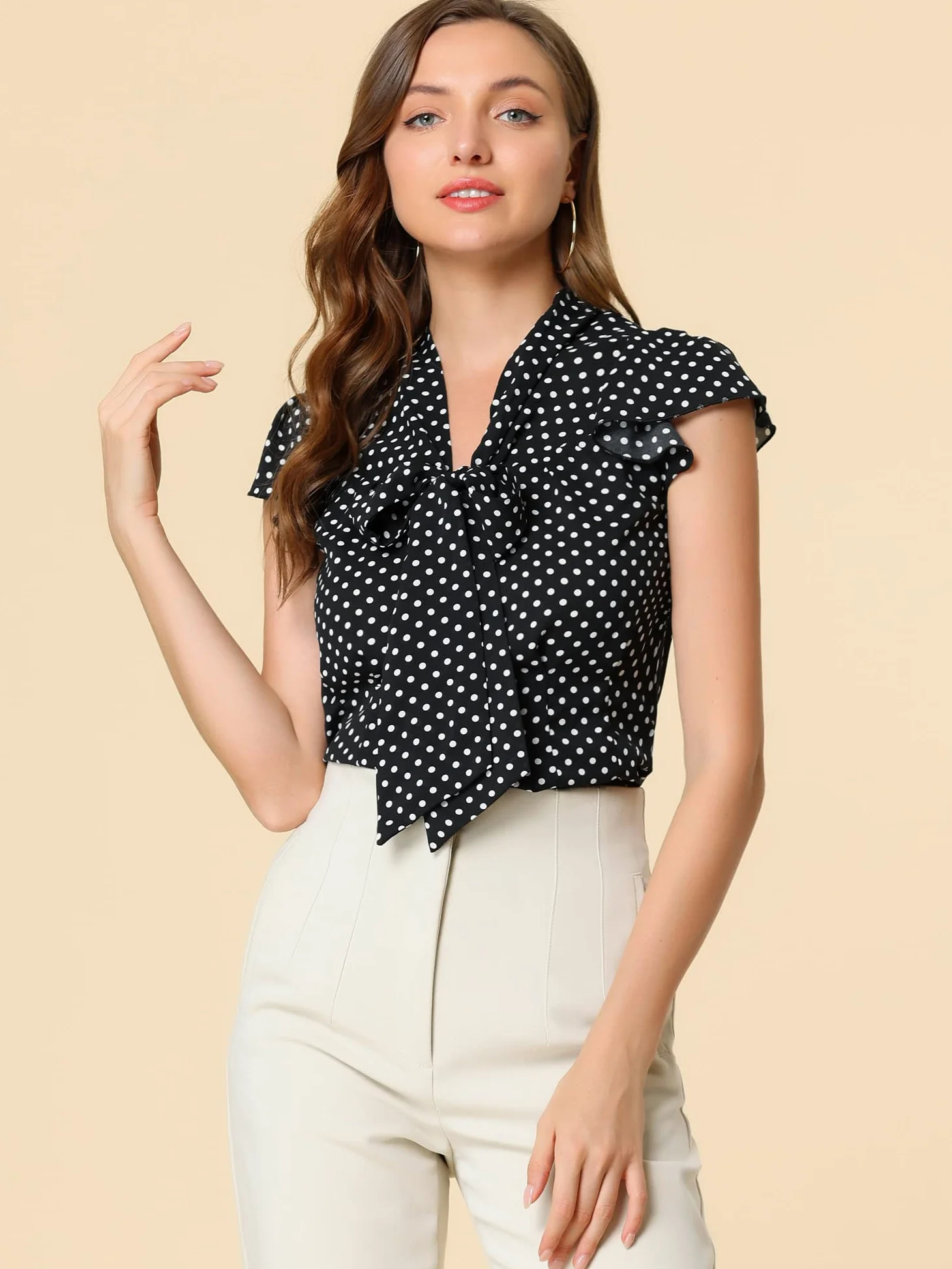 Allegra K Camisa con Lunares para Mujer, Blusa con Cuello de Lazo Y Manga con Volantes