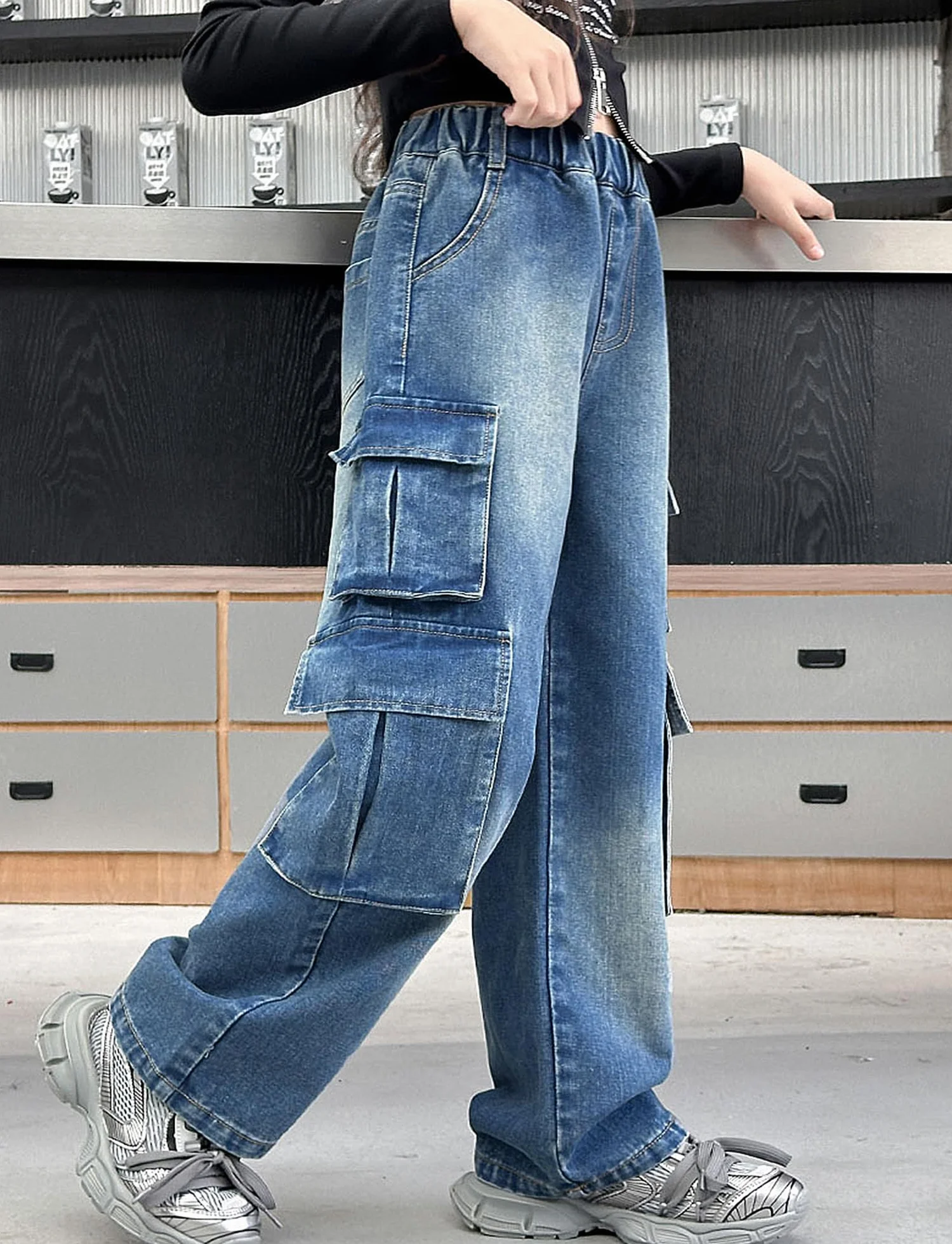 SEAUR Girls Baggy Denim Cargo Jogging Pants with Pockets