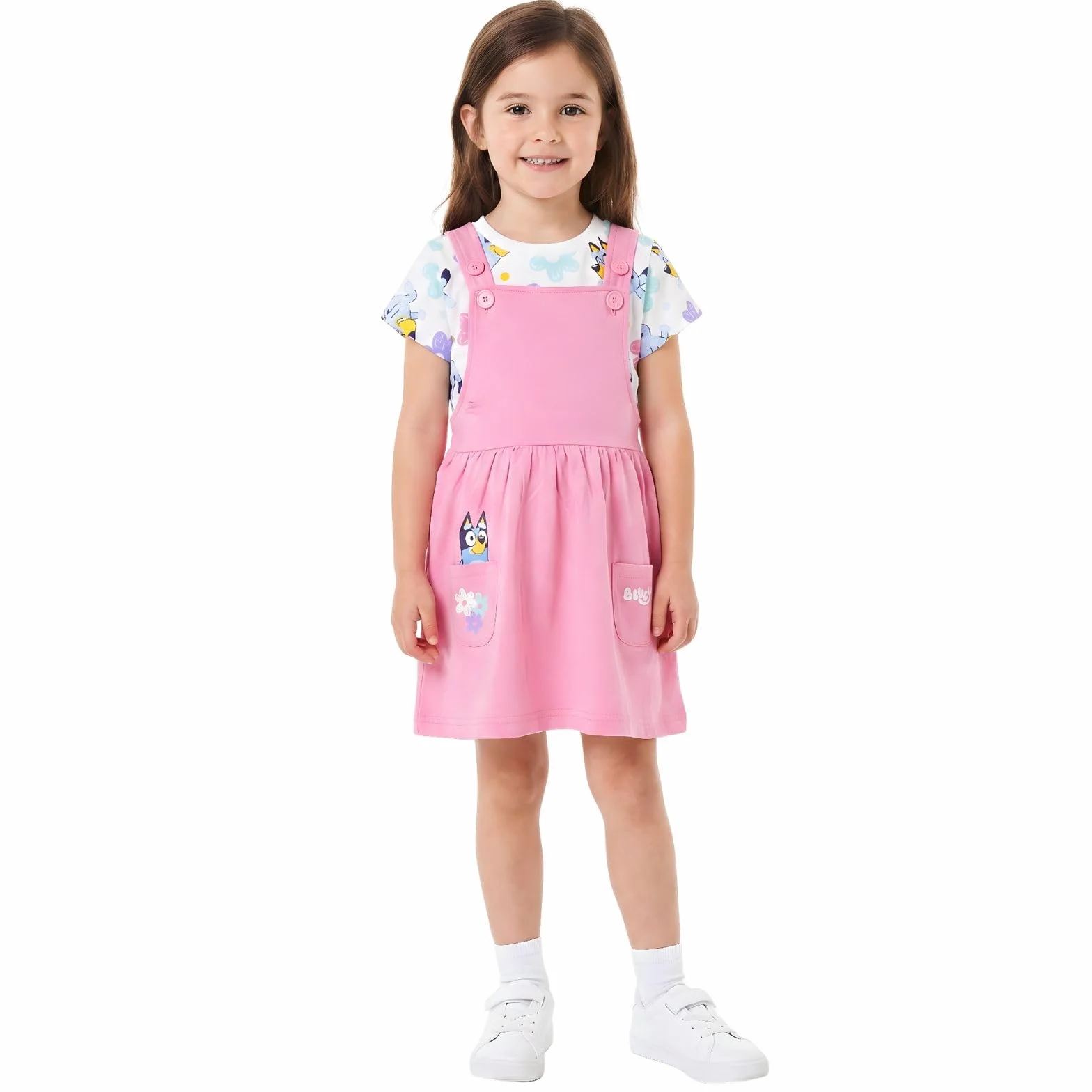 Bluey Conjunto de vestido y camiseta para niñas Rosa con bolsillos Algodón suave