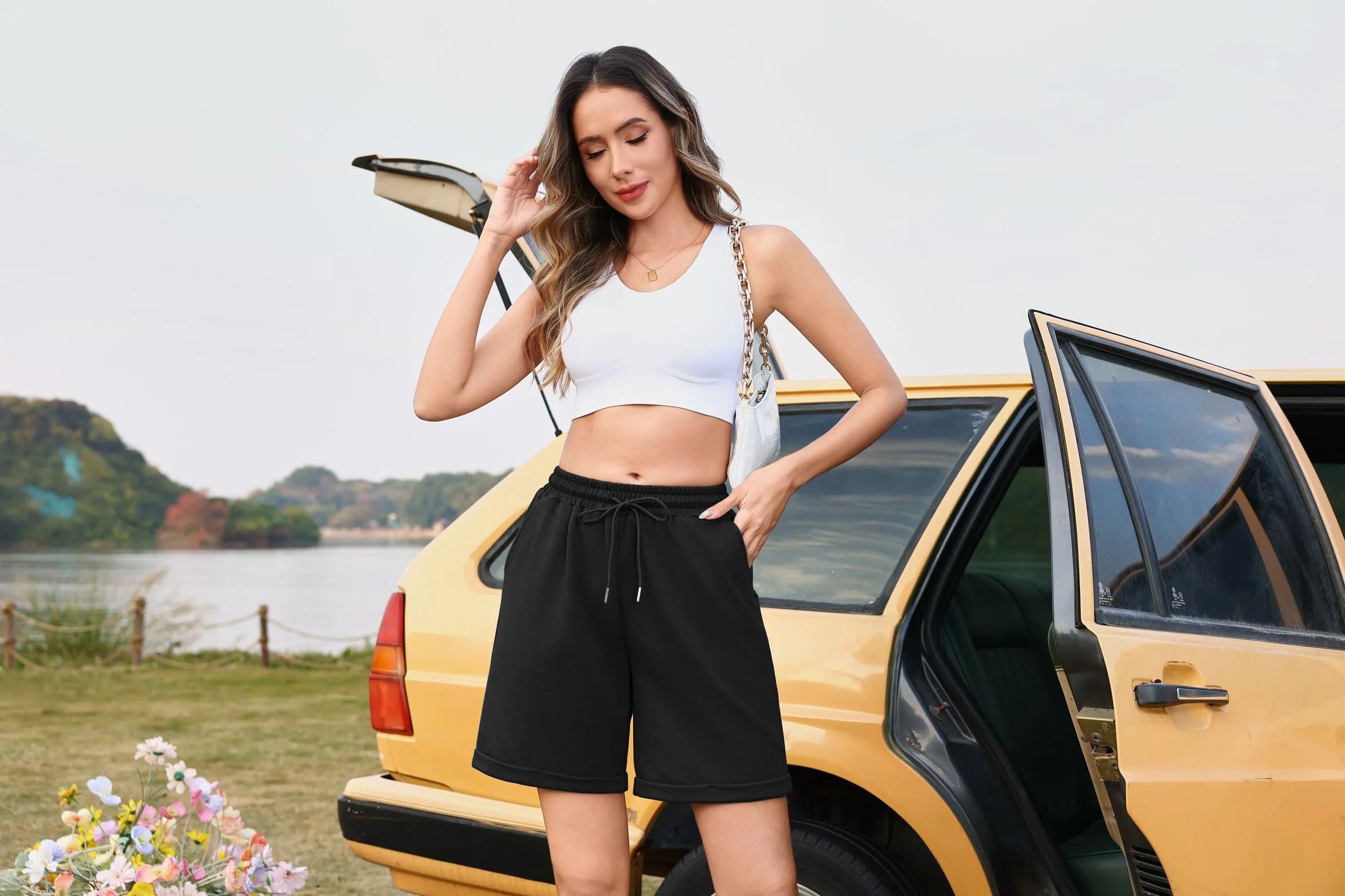 Pantalones Cortos Mujer Algodón Verano Cintura Alta Cordón Ropa Deportiva Fitness Yoga S-XXL