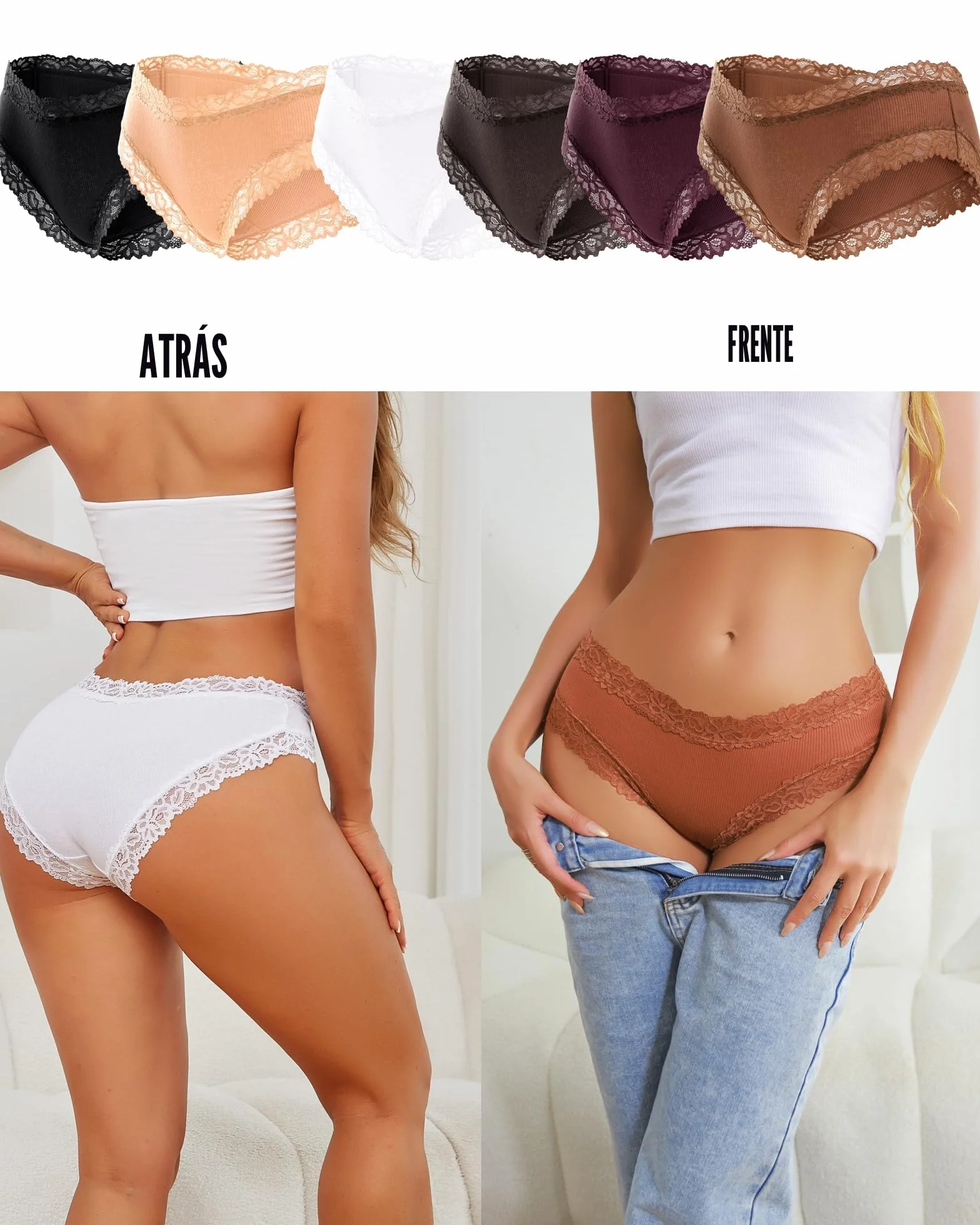 Pack de 6 Braguitas de algodón con Encaje para Mujer