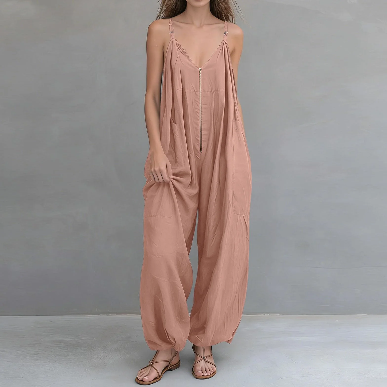 Monos Largo de Cuello en V con Media Cremallera para Mujer Sueltos Casual Overol de Pinerna Ancha con Bolsillos Cómodo Mameluco Sin Mangas Baggy Jumpsuit Playa
