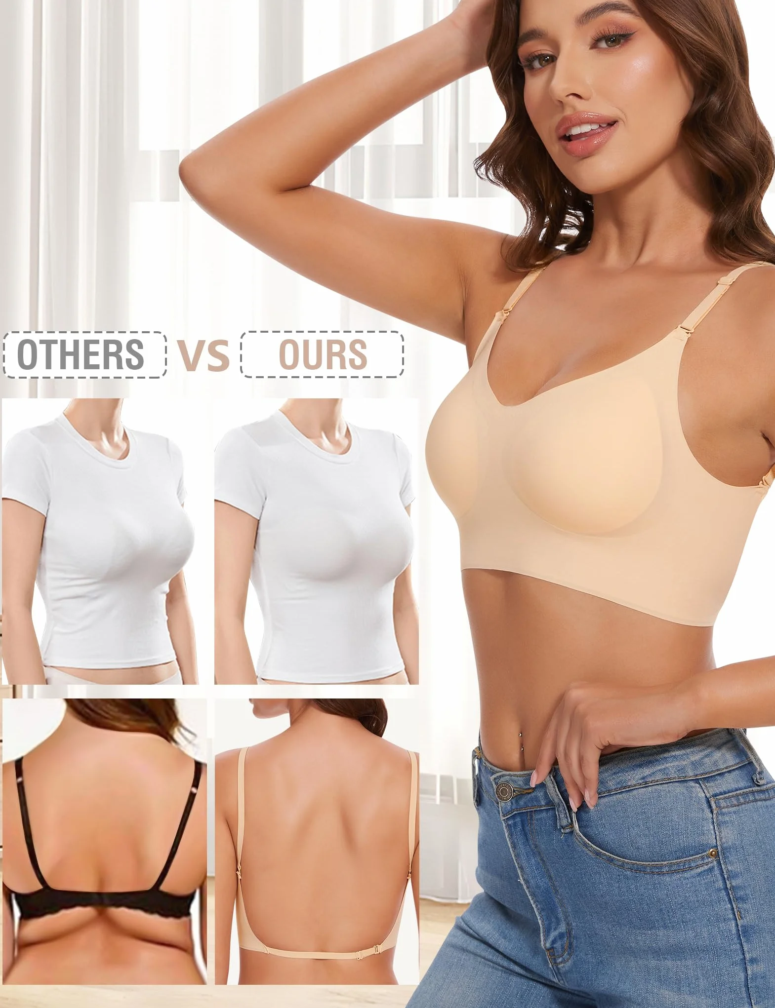 Sujetador Sin Espalda Bajo Mujer Invisible Básico con Tirantes Convertible para Vestido y Boda