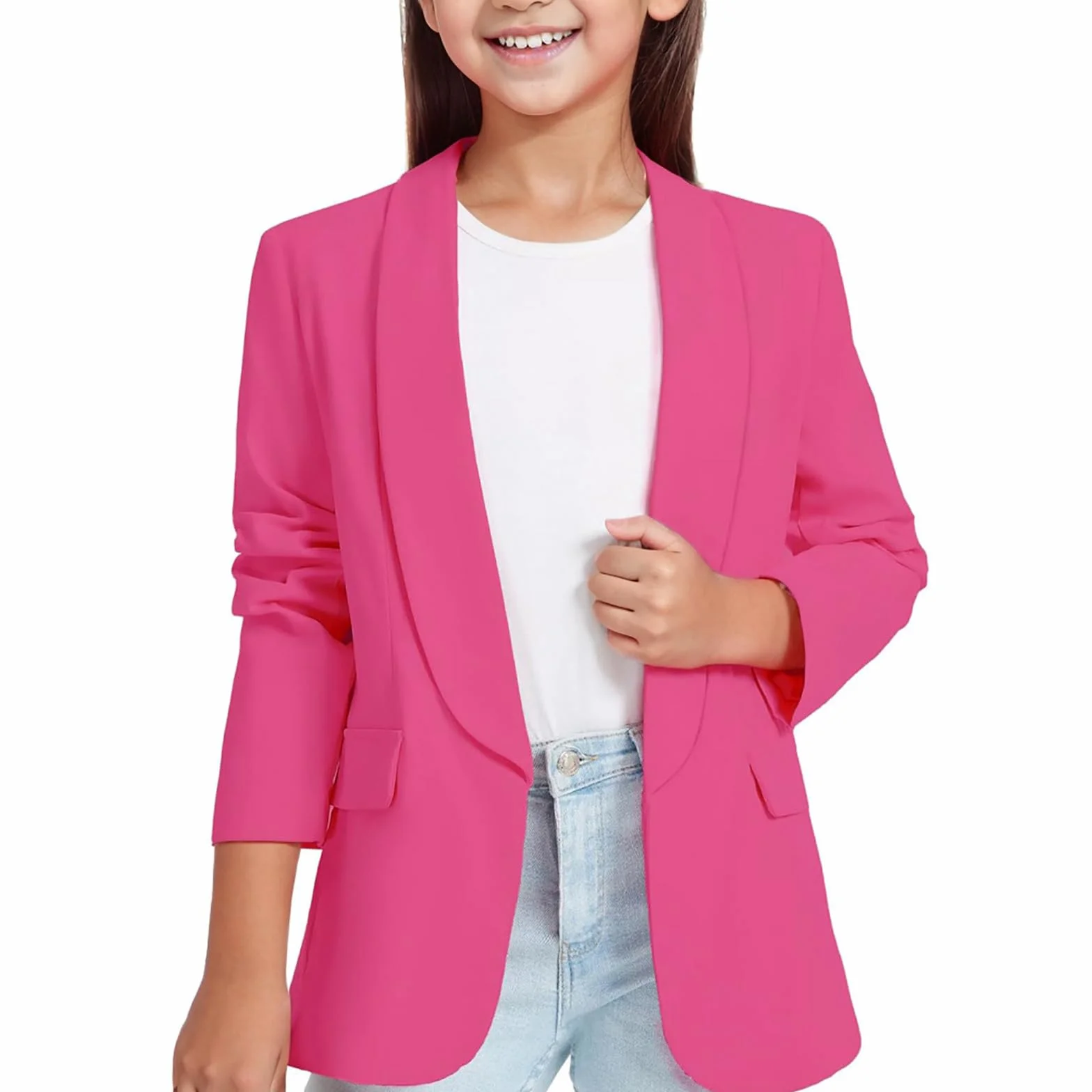 Chaqueta de traje formal con cuello chal para niñas, bolsillo interior, pantalones 140