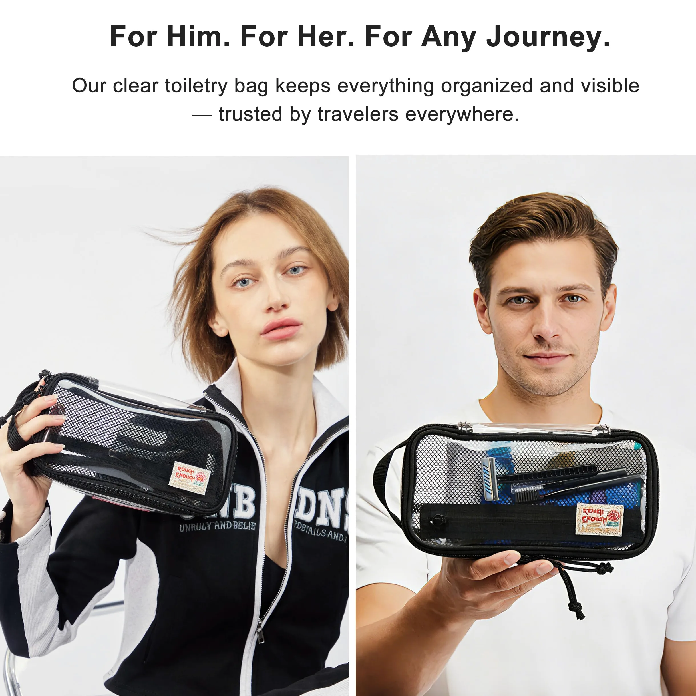 Rough Enough - Neceser Transparente Aprobado por la TSA, Estuche para Cepillo de Dientes de Viaje, Bolsa organizadora para Hombres y Mujeres, Black, S, Neceser de Viaje Transparente Aprobado por la