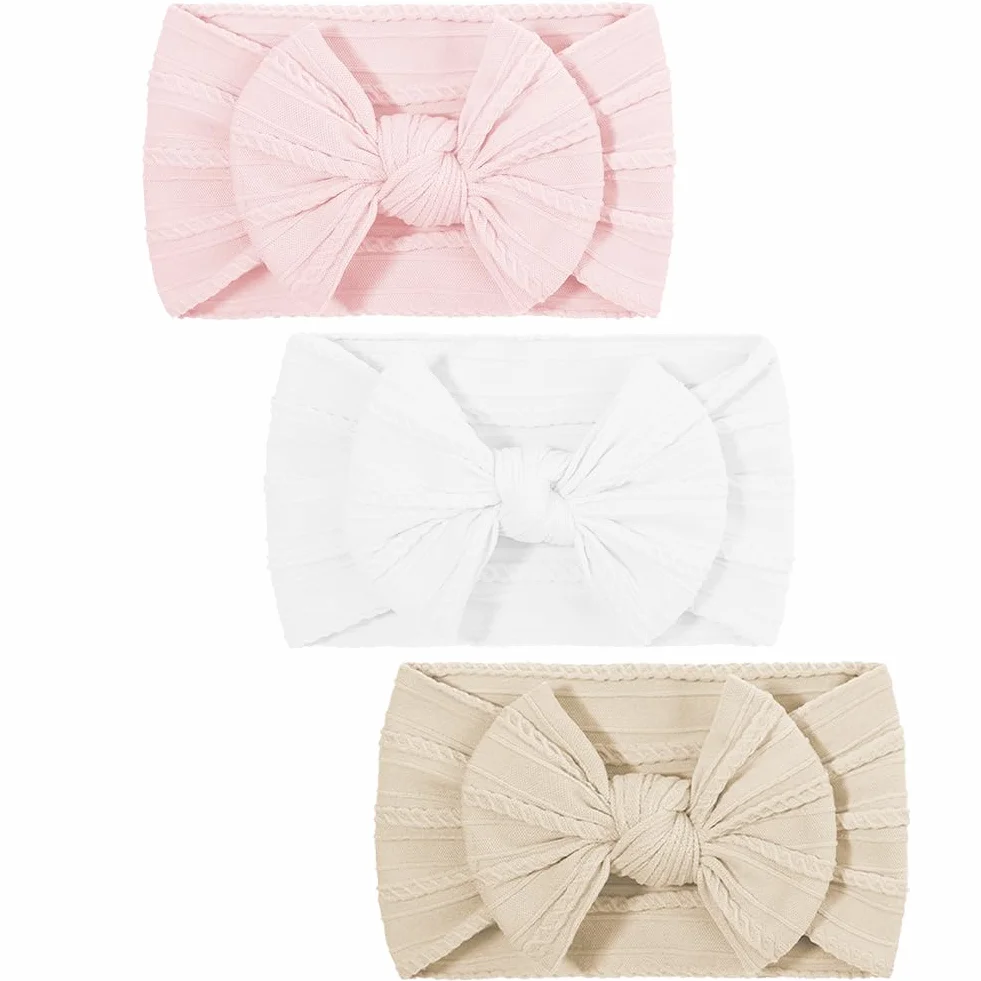 DiULi Diademas Bebé Niña 3 Colores Elástica Cintas Pelo Nylon Lactante Niño Pequeño Anchas Hairband Lazo Tela Conjunto 3pcs