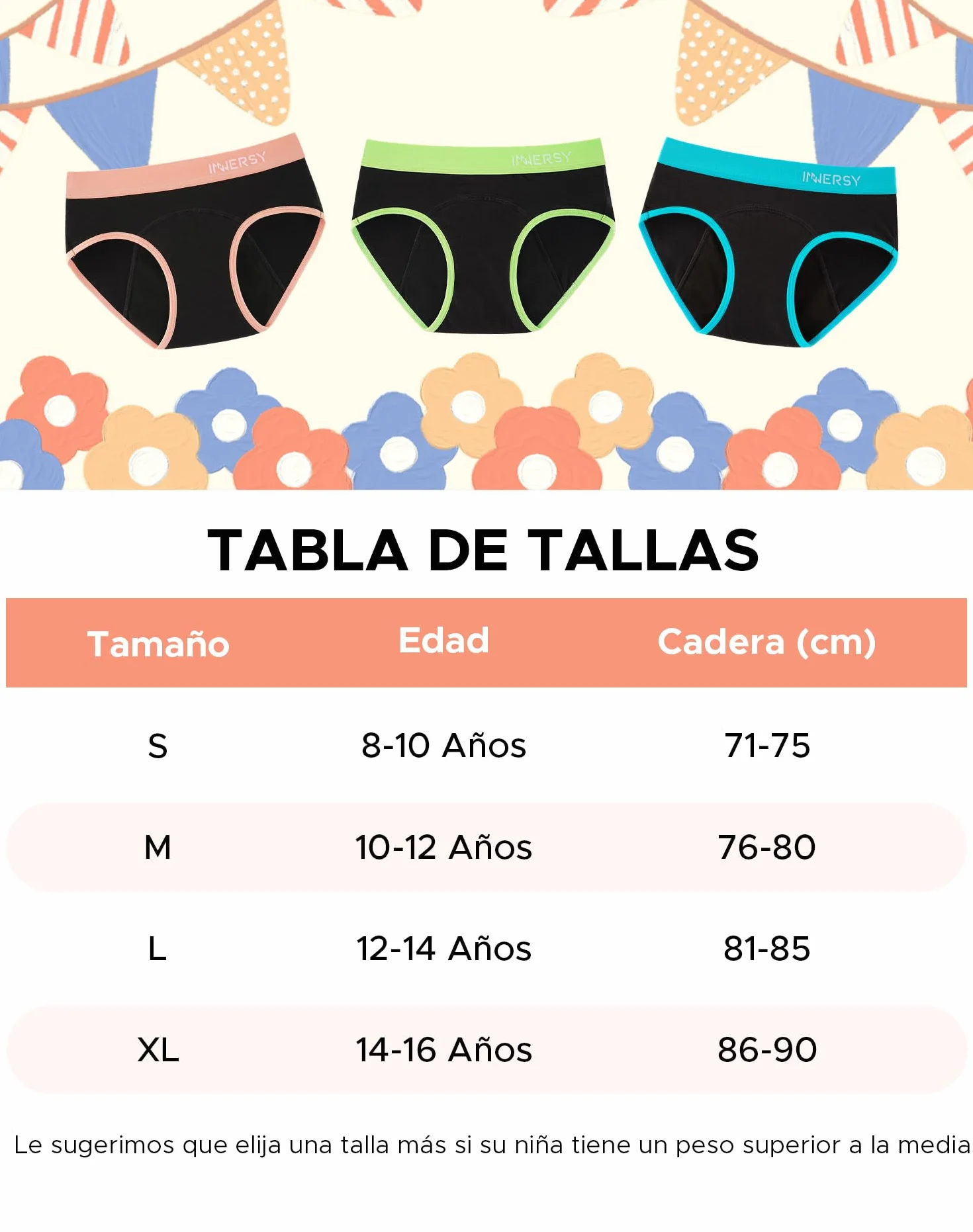 INNERSY Bragas Menstruales Reutilizables Algodón 3 Pack 8-16 Años