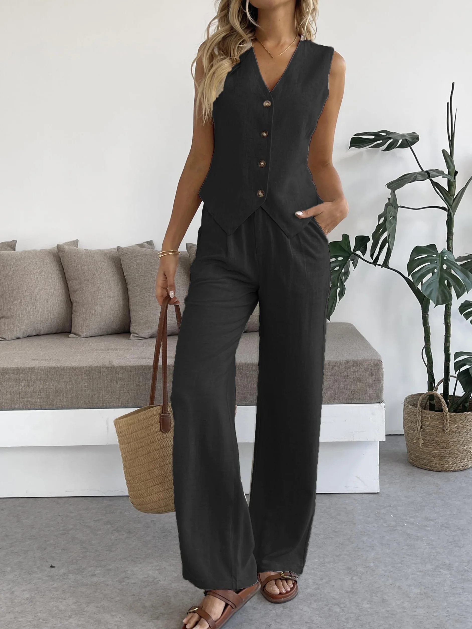 Fakanhui Conjunto de 2 piezas de lino para mujer, pantalones de pierna ancha, ropa de negocios