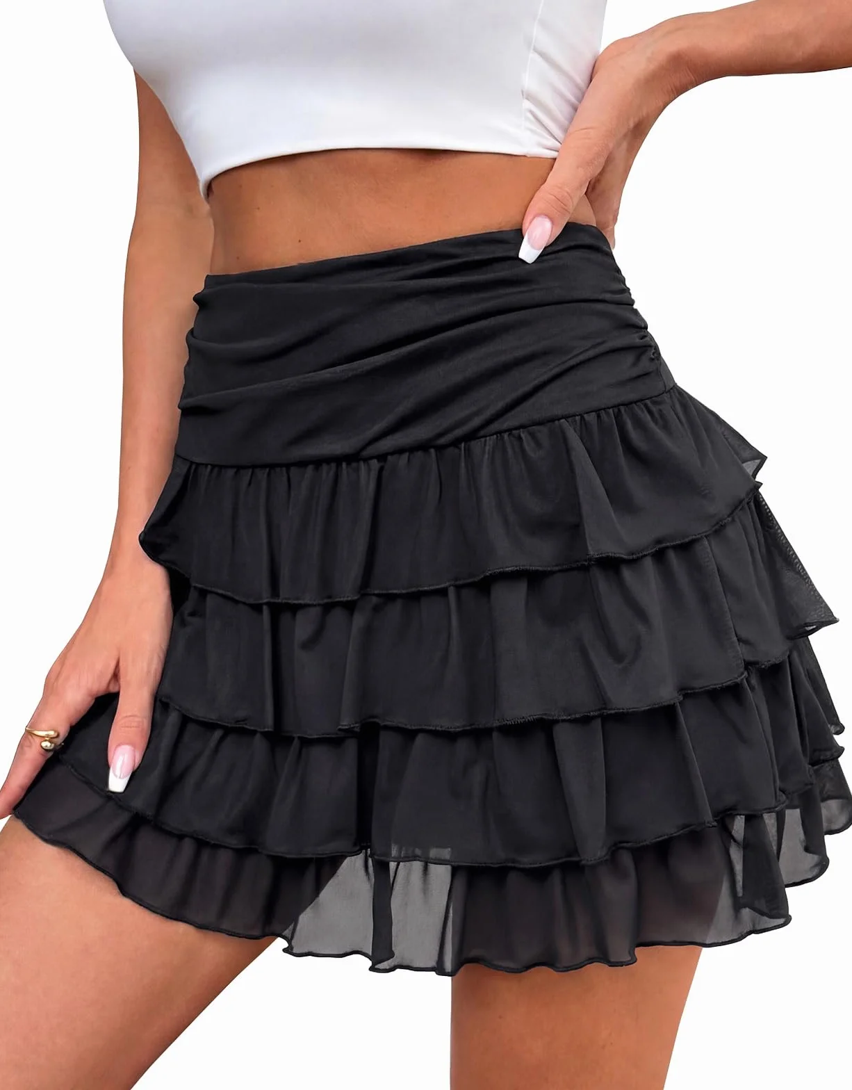Mini Falda de Mujer Cintura Elástica Tul Capas con Pantalón Corto
