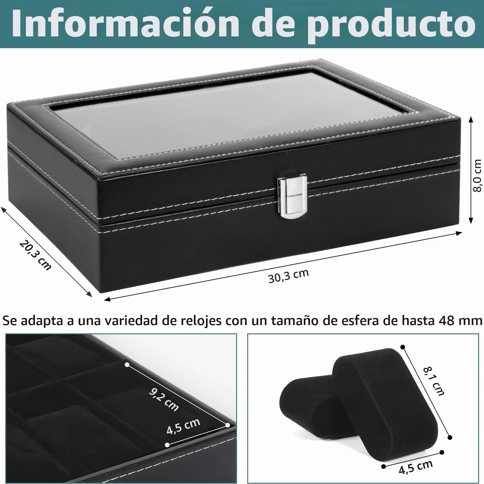 Estuche Relojes 12 Compartimentos Organizador Piel Sintética Almohadilla Extraíble Negro