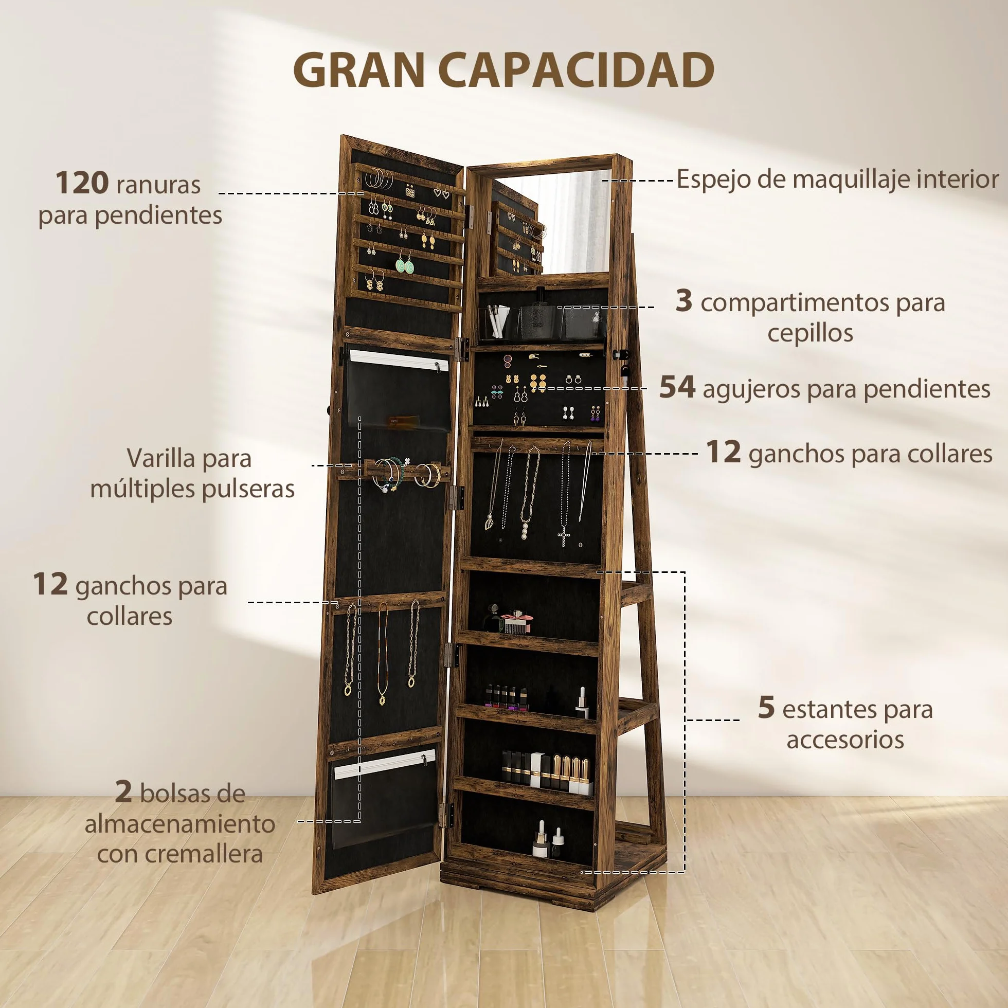 HOMCOM Espejo Joyero de Pie Giratorio 360° con Cerradura, Marrón Rústico