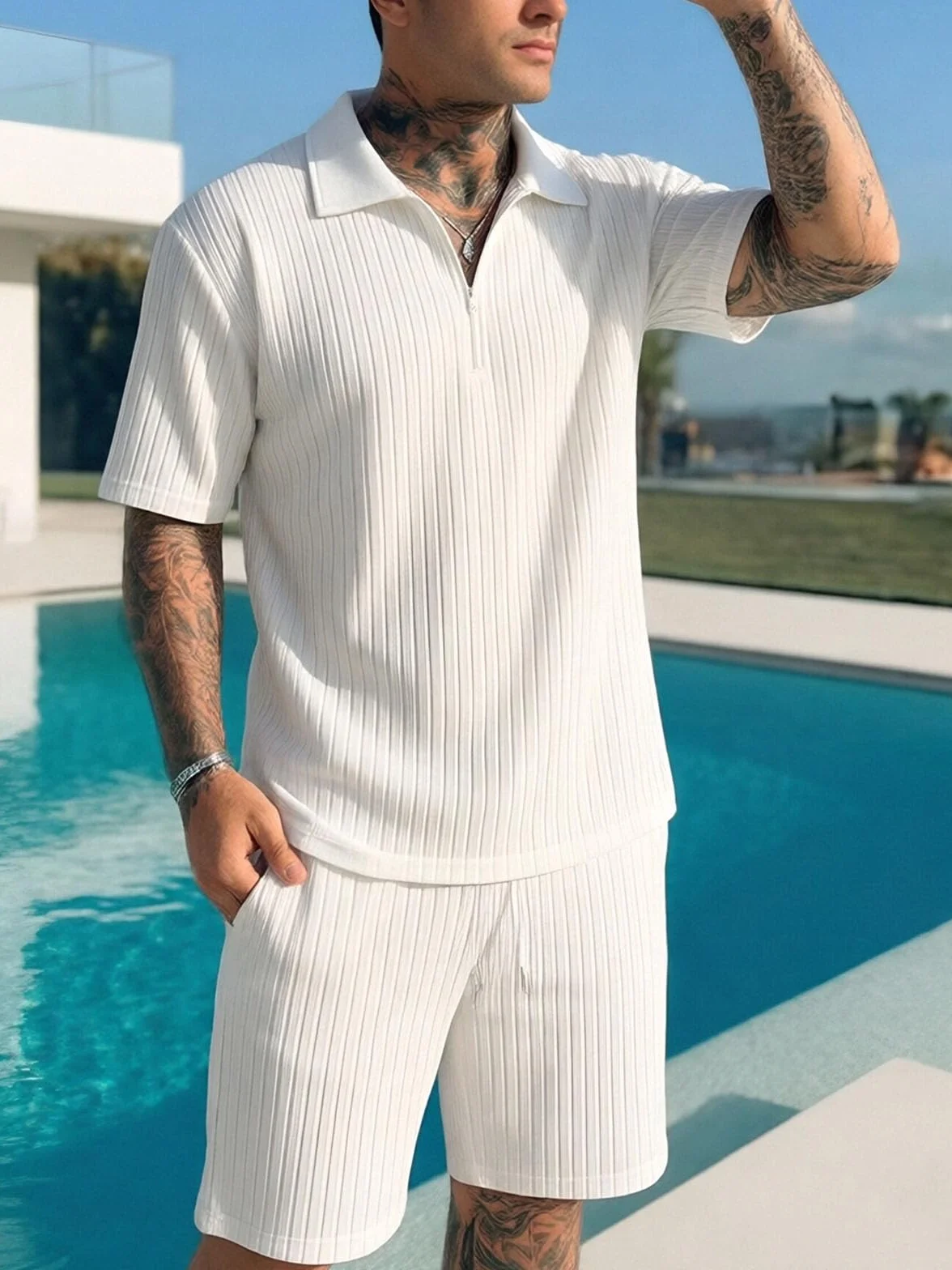 Conjunto Verano Hombre 2 Piezas Cremallera Camiseta y Pantalones Cortos Chándal con Bolsillos