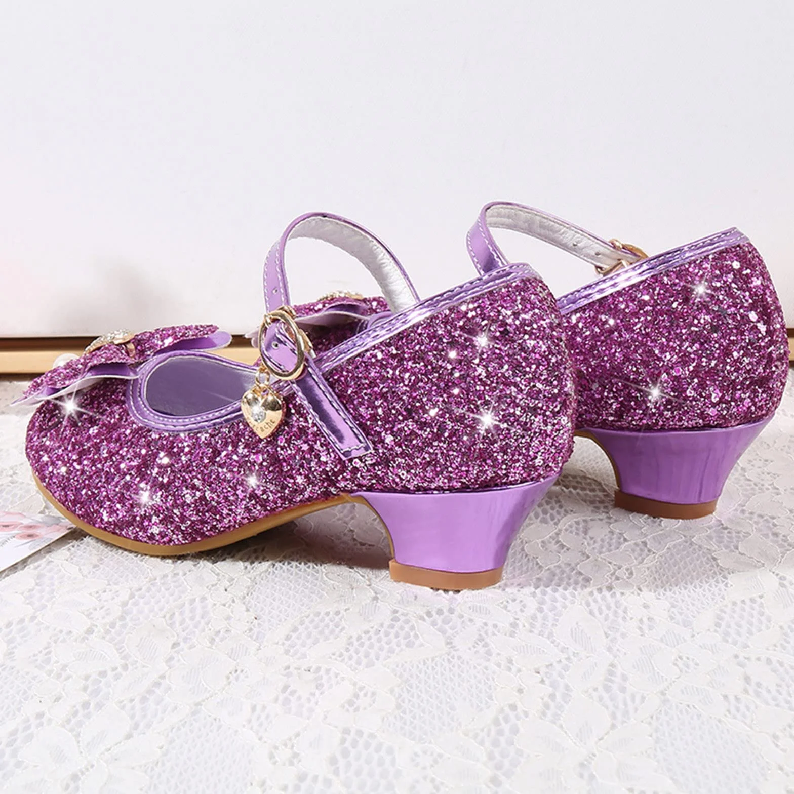 Zapatos de noche purpurina pedrería princesa lazo Mary Jane tacón grueso para niños niñas