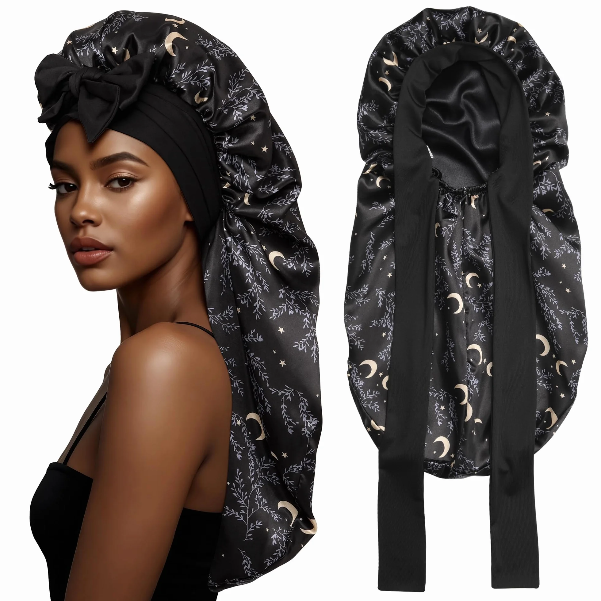 Gorro Largo de Satén Reversible de Doble Capa para Mujer Dormir con Banda