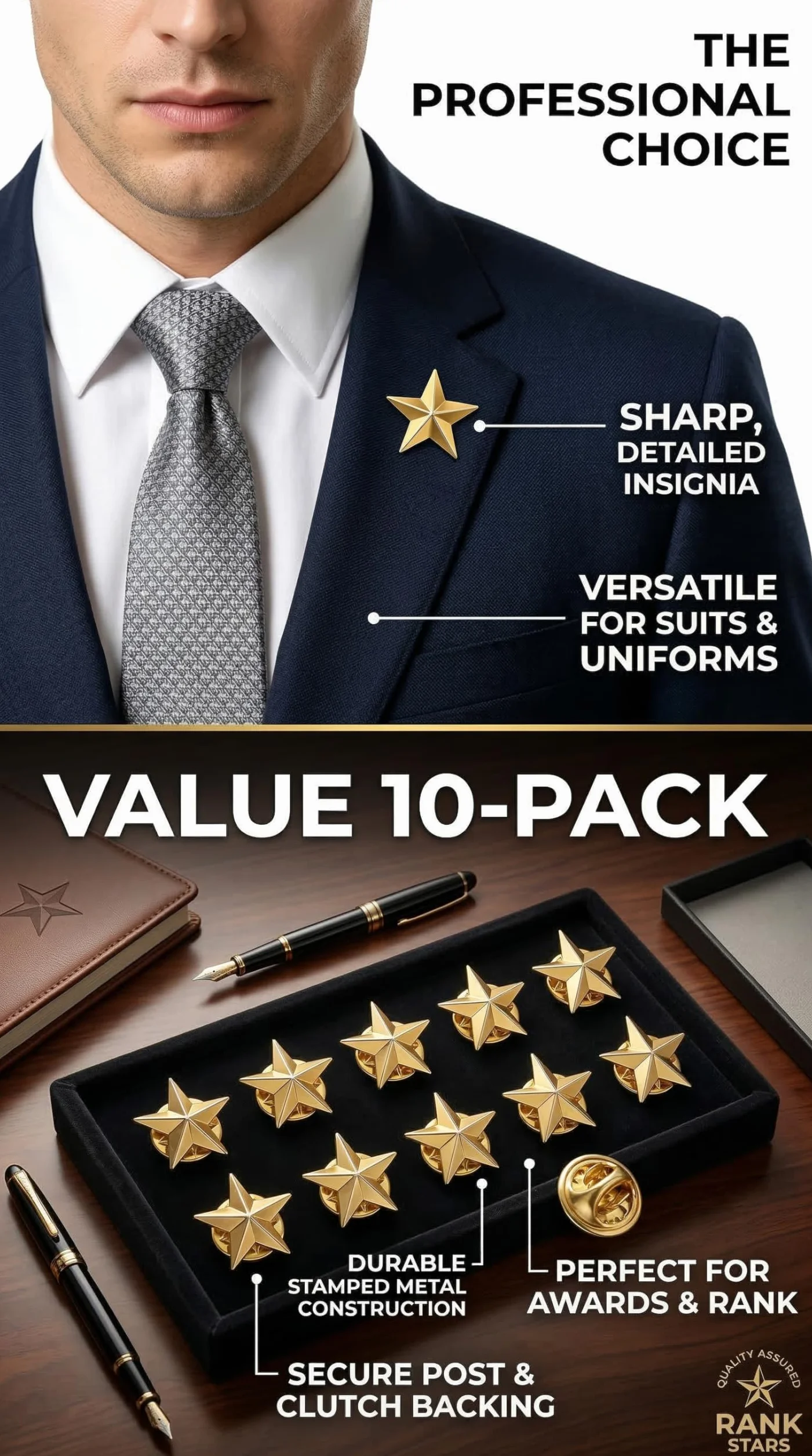 10 Piezas Pin de Solapa Estrella Dorada de Aleación de Zinc, Insignia de Estrella, Broche Decorativo para Chaqueta Camisa Mochila, Accesorio para Celebraciones, Eventos y Regalos