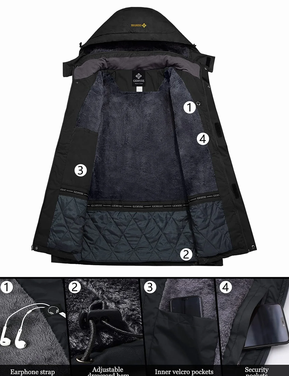 GEMYSE Chaqueta de Esquí Impermeable Hombre Abrigo Invierno Antiviento Capucha