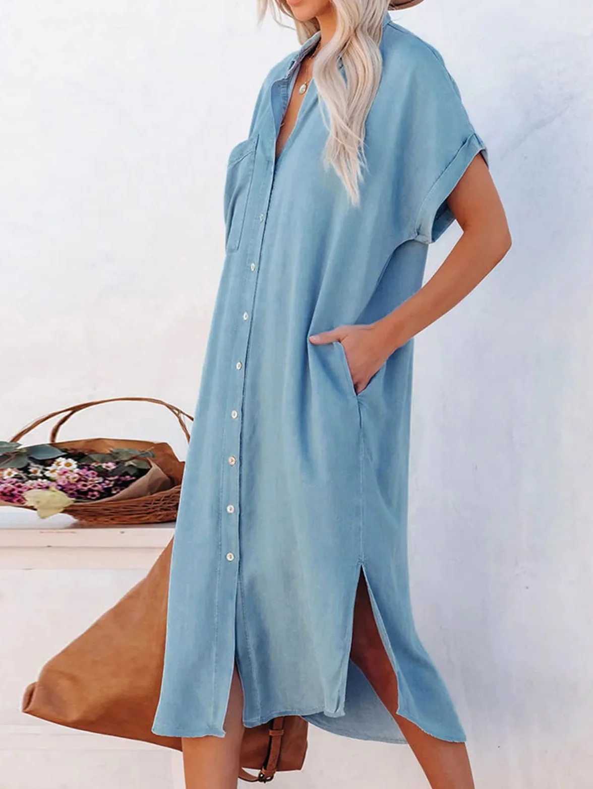 CUPSHE Vestido, Manga Acampanada, Vestido con Botones, Manga Corta, Cuello en V, Vestidos camiseros Informales para Mujer