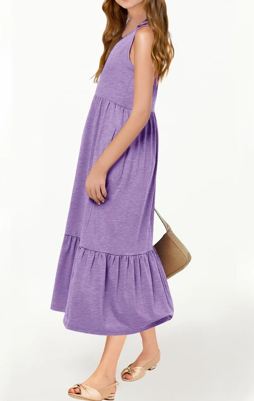 Vestidos de niña de verano sin mangas cuello redondo tirantes casual largo