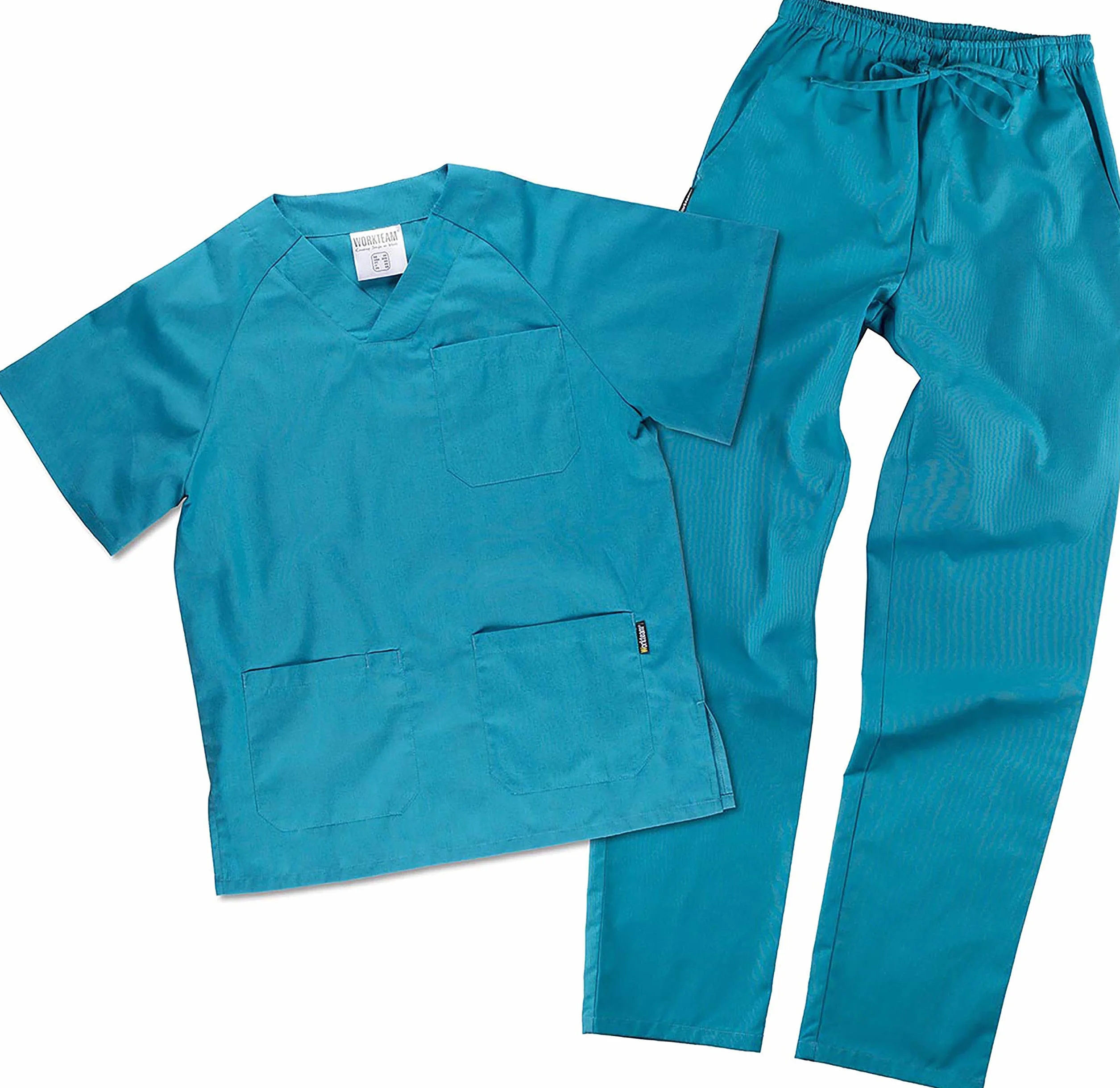 WORKTEAM Conjunto Sanitario Casaca y Pantalón Multibolsillos Cuello Pico Cintura Ajustable