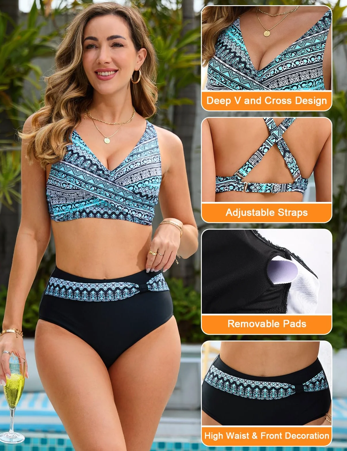 Nadeer Bikinis Mujer Push up Conjuntos de Bikini Cintura Alta Traje de Baño Sexy con Cuello en V