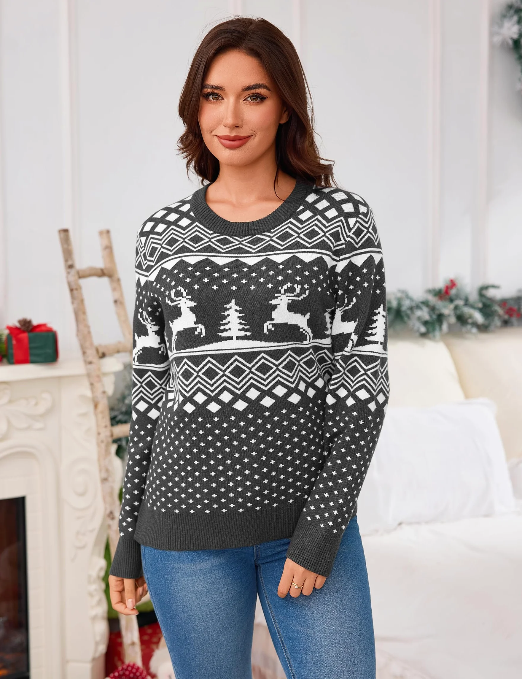 Jersey Navidad Mujer de Punto con Reno y Árbol | Este jersey Navidad mujer de punto suave y cálido luce reno y árbol para fiestas de invierno y regalos navideños