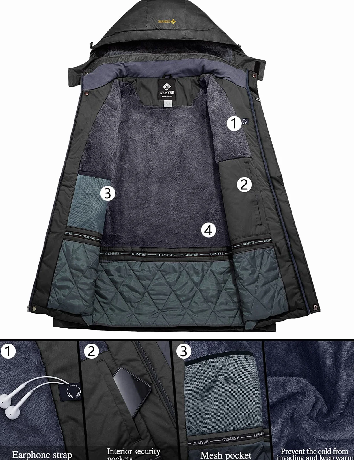 GEMYSE Chaqueta de Esquí Impermeable de Montaña para Hombre Abrigo de Invierno Antiviento con Capucha