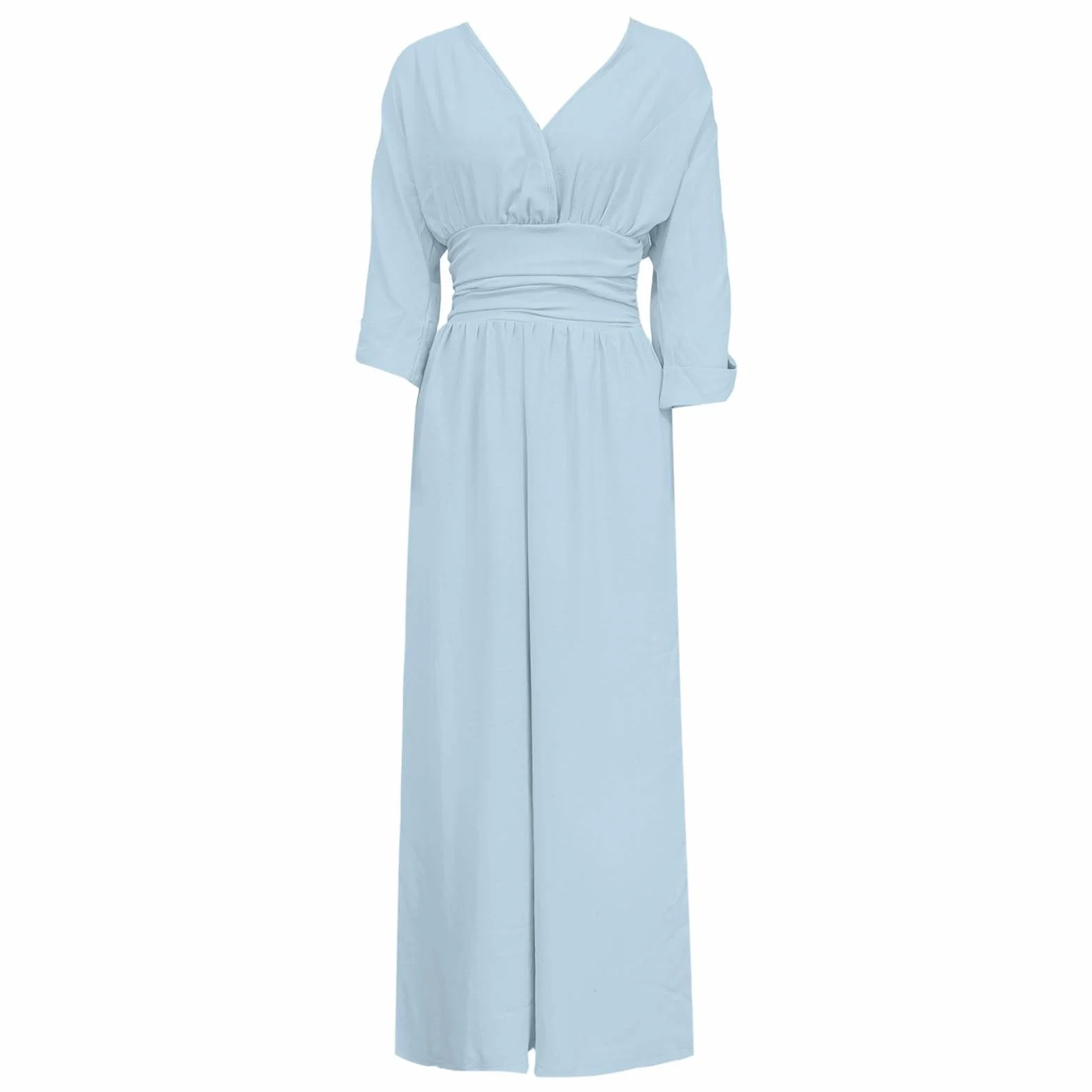 Palazzo Spodnie Damskie Długie Szerokie Nogawki V-Neck 3/4 Rękaw Wcięta Talia Kieszenie Lato Eleganckie