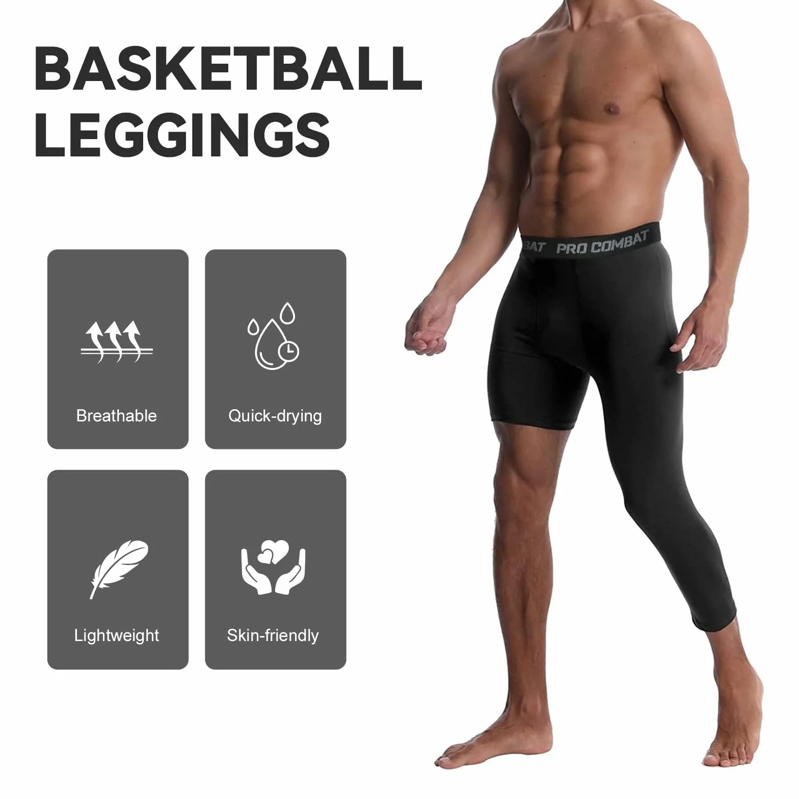 Pantalones de Compresión para Hombre, Mallas Deporte 3/4, Tejido de Secado Rápido, Running, Fitness