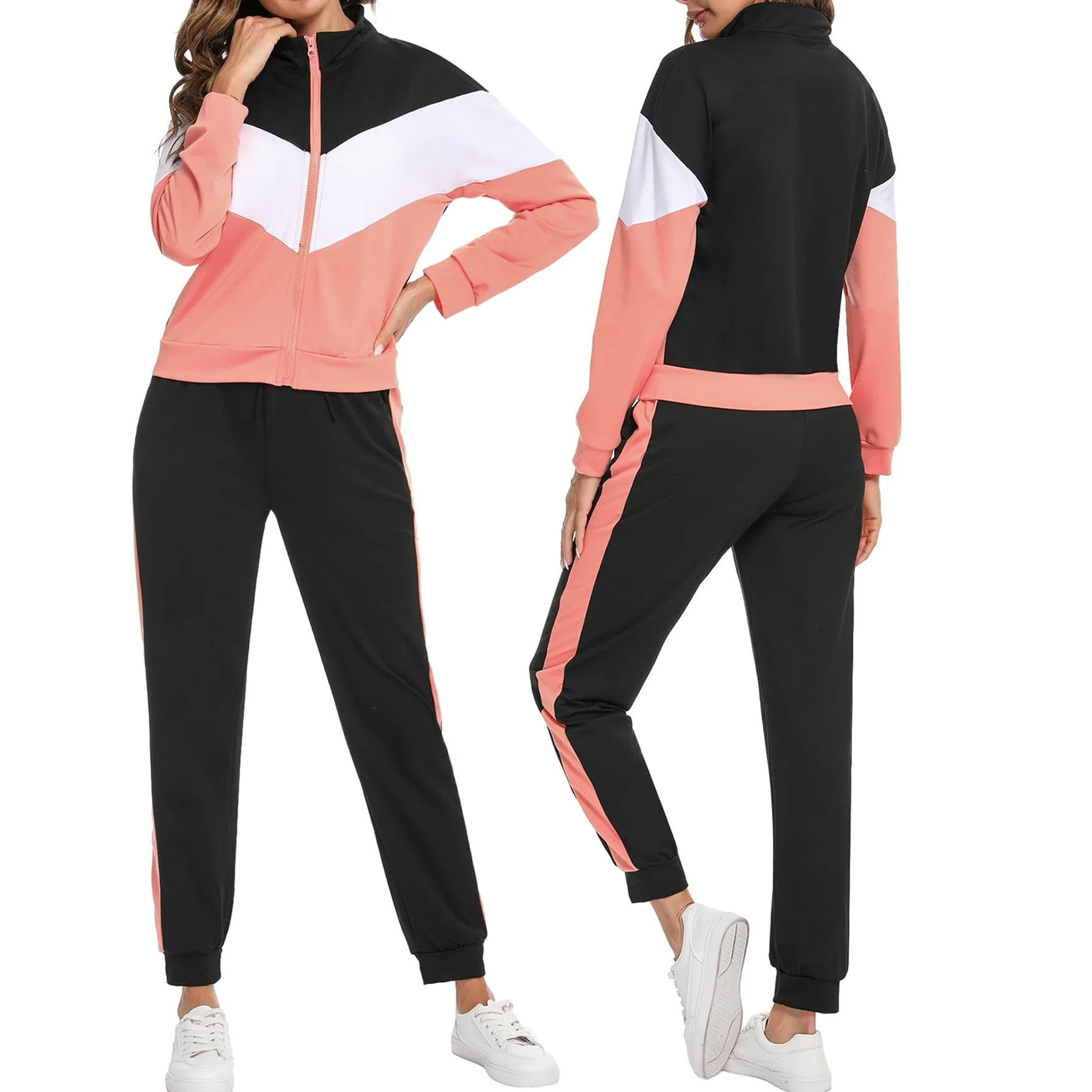 Marvmys Conjunto Chándal Mujer Contraste Conjuntos Deportivo | Otoño Invierno Top Manga Larga con Cremallera y Pantalones Deportivos S-XXL