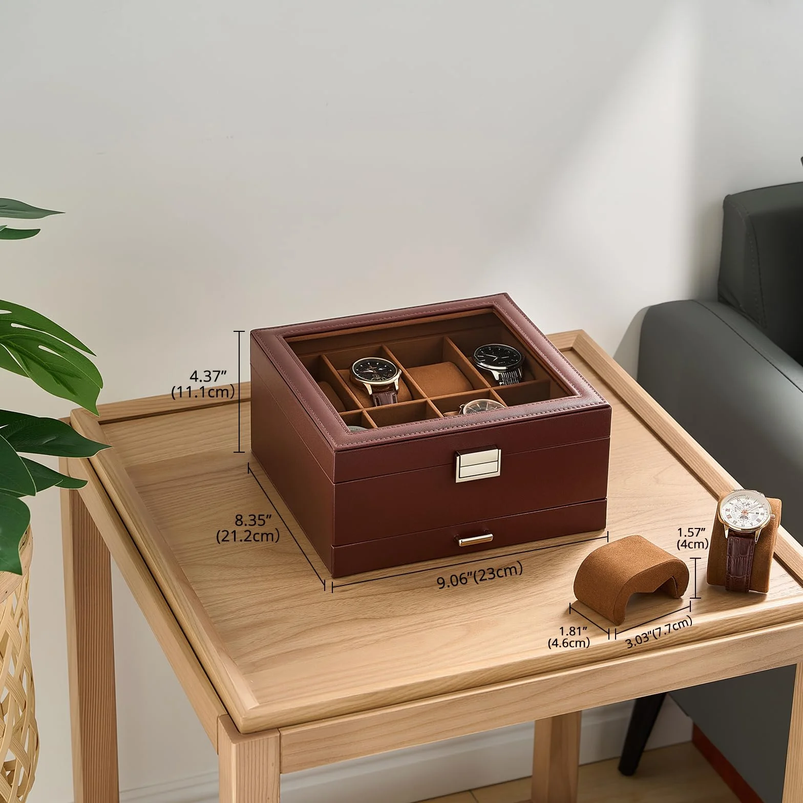 ProCase Estuche para Relojes de Doble Nivel con Tapa de Cristal, Organizador para Relojes, Anillos y Pulseras, Marrón