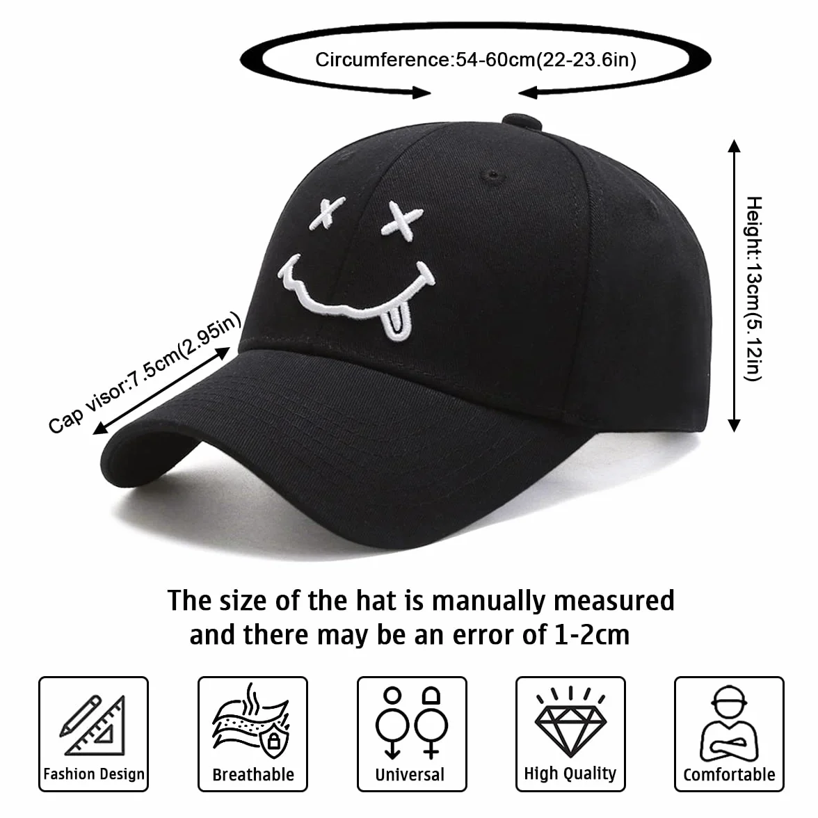 Gorra de béisbol para Hombre Unisex Algodón Ajustable de 6 Paneles 3D Carta Smiling Bordado