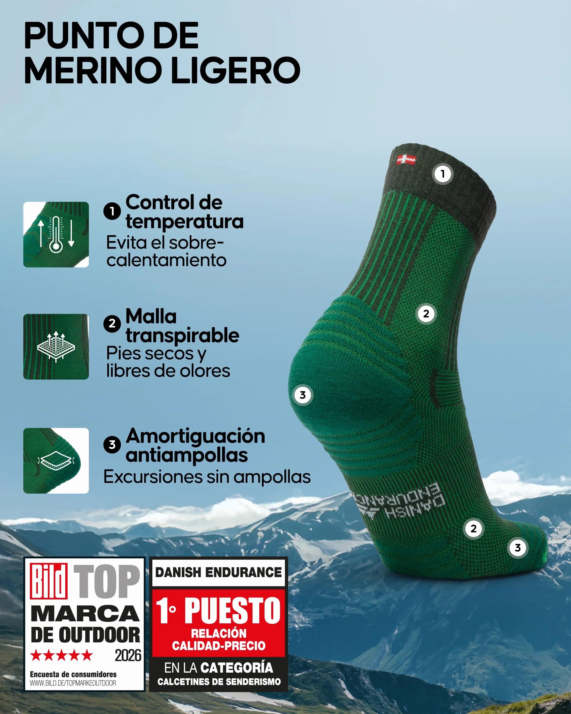 DANISH ENDURANCE Calcetines Antiampollas Senderismo Lana Merino Ligeros Unisex 3 Pack