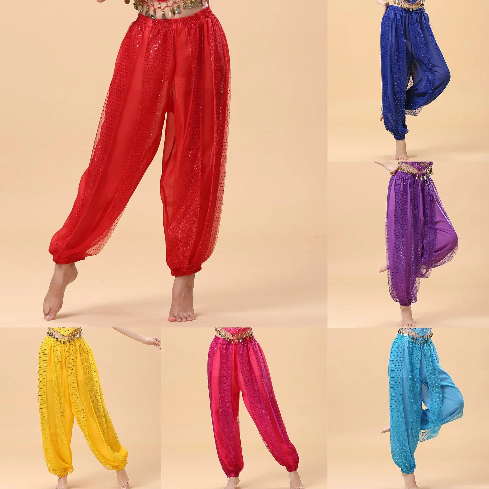 Pantalones Bombachos Danza del Vientre Árabes Tribales Gasa Mujer Suelto Brillante Lentejuelas