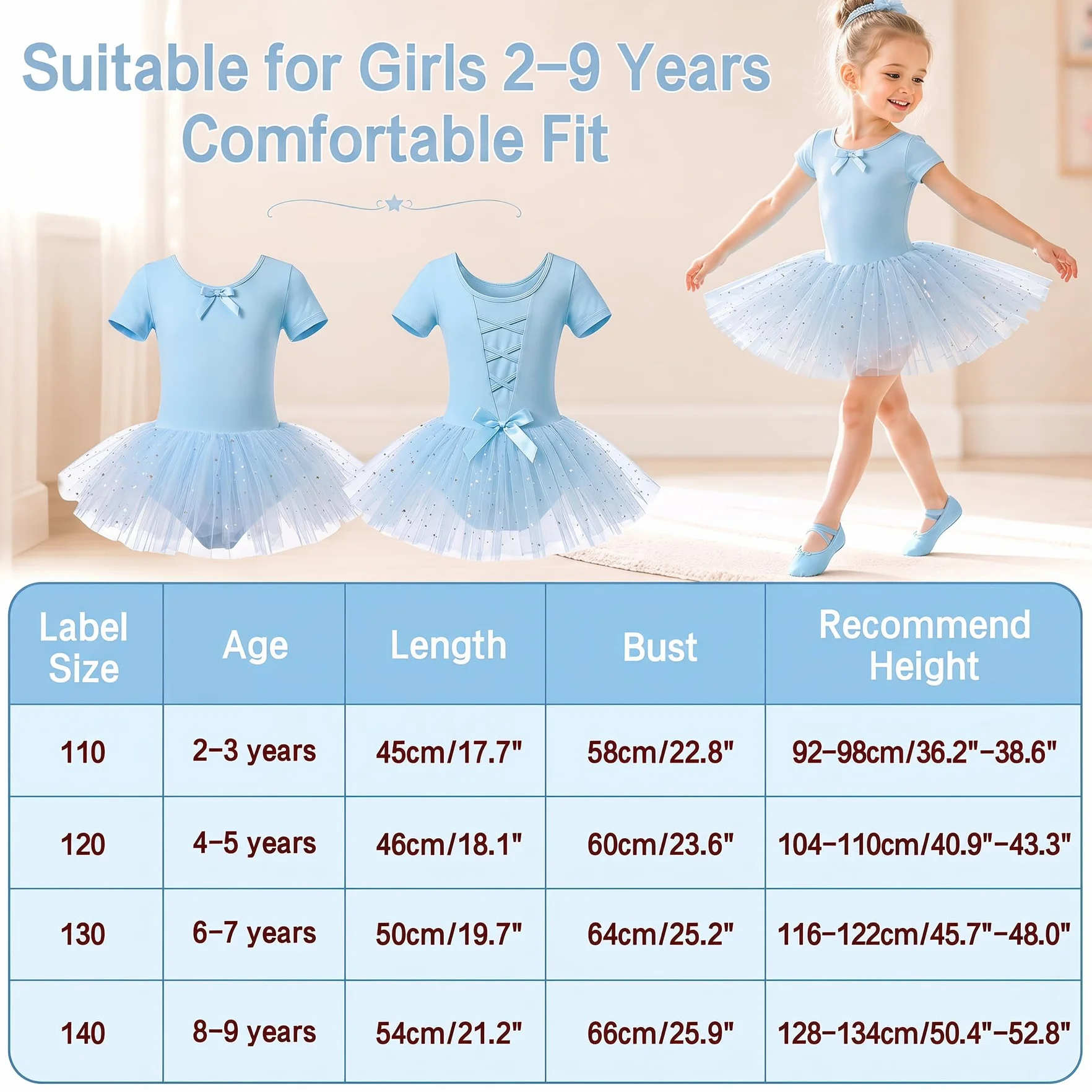 JinBei Vestido Ballet Niña Algodón Tutu con Lentejuelas Maillot Danza 2-9 Años