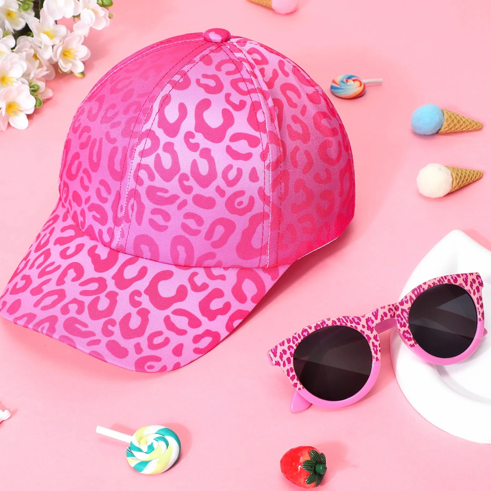 Gorra de Béisbol para Niñas con Gafas de Sol Protección UV Ajustable Estampado de Leopardo Verano 3-10 Años