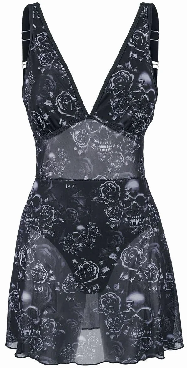 Black Premium by EMP Mujer bañador Negro Estampado Integral Calaveras Rosas