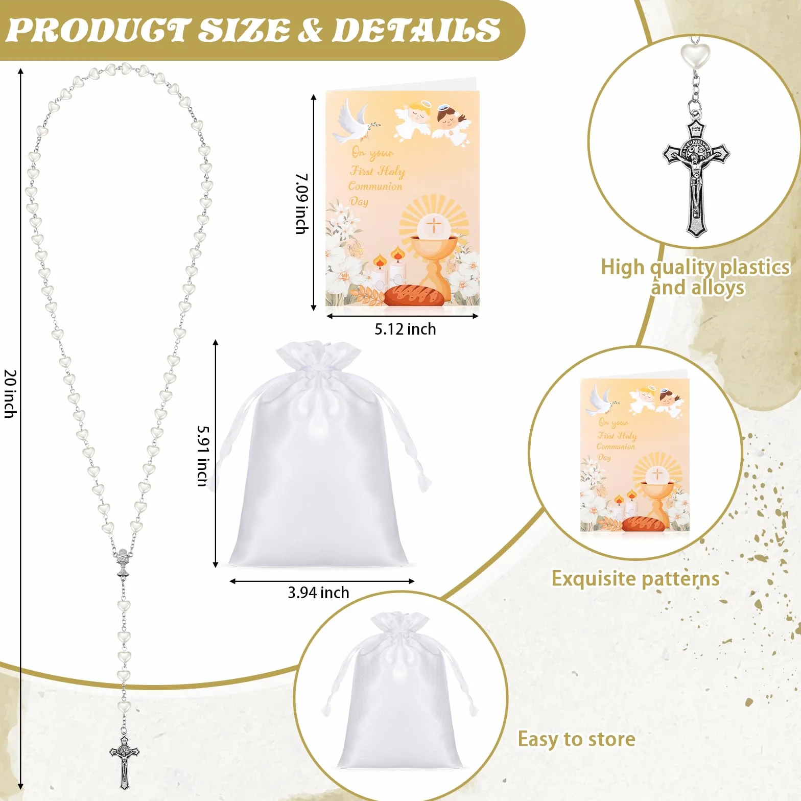 Set de 3 Rosario Corazón Primera Comunión con Tarjetas y Bolsa Cordón Collar Metálico Cruz Perlas Católicas para Niñas Niños Regalo Bautizo