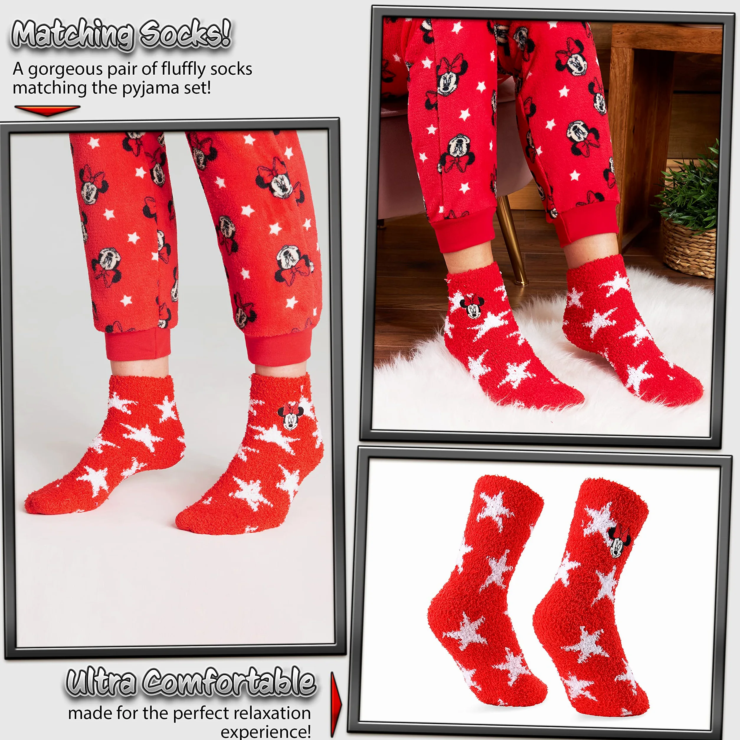 Disney Pijama Mujer Invierno de Polar con Calcetines Stitch Mickey Minnie Baby Yoda (Blanco/Rojo Minnie, L), 8691