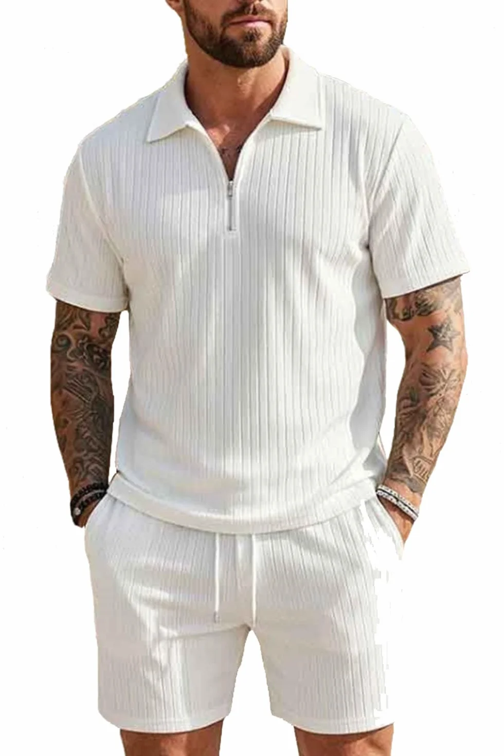 Conjunto Verano Hombre 2 Piezas Cremallera Camiseta y Pantalones Cortos Chándal con Bolsillos