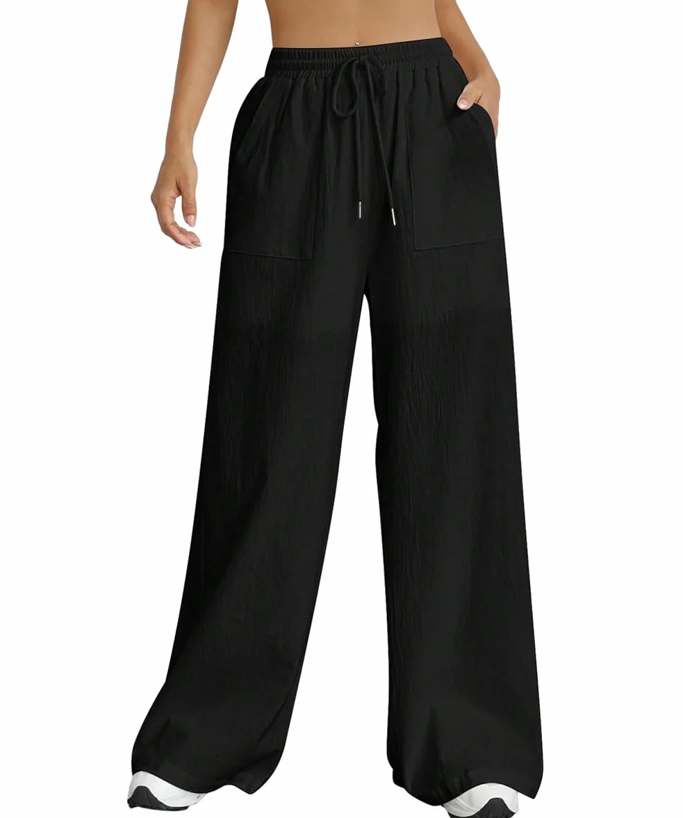 Nuofengkudu Verano Pantalones Mujer Anchos Bolsillos Cordón Ajustable Cintura Alta Ligeros Transpirables Largo Pantalon Pijama Yoga Pants