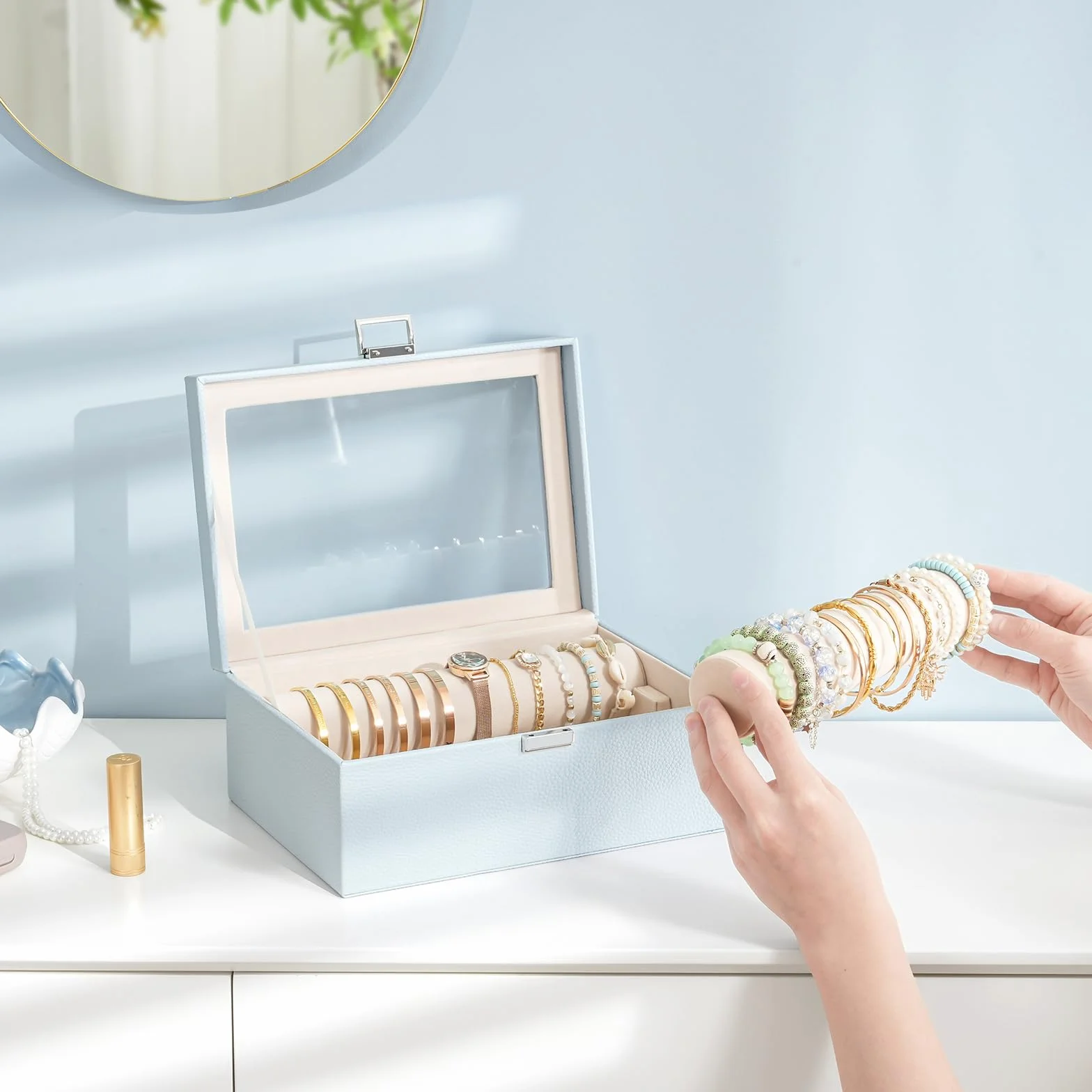 Lolalet Organizador de Joyería para Pulseras y Relojes con Barra, Caja de Almacenaje Transparente - Azul
