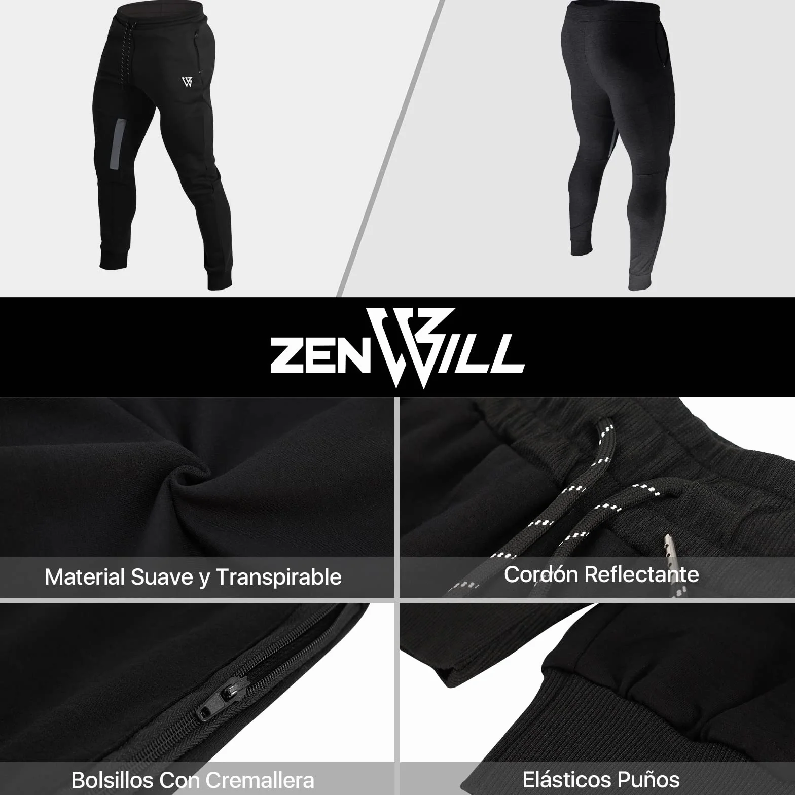 ZENWILL Cremallera Gym Jogger Pantalon Deporte Malla Transpirable Fitness Hombre