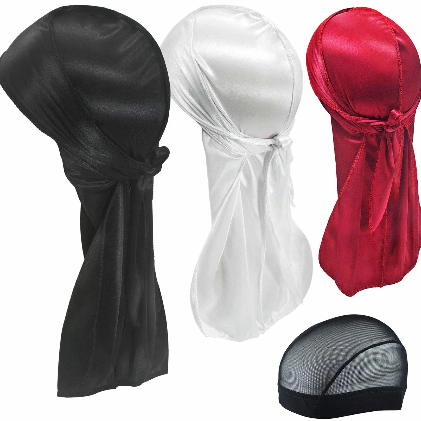 Hairizone 3 piezas de Durag Suave Sedoso Gorra para hombres Mujeres con capucha 1 Wave (negro, blanco, rojo vino)