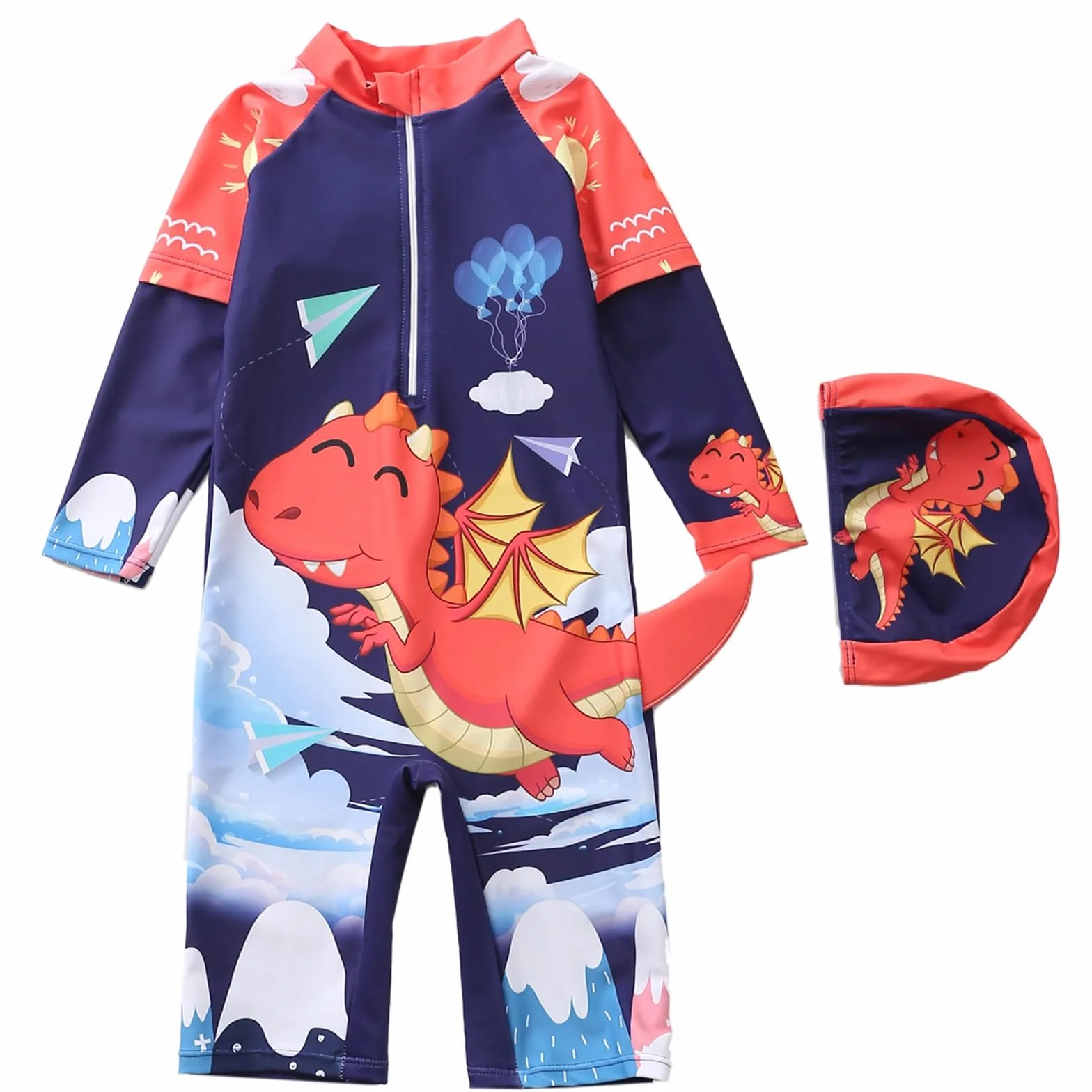 Bañador Niño 3D Cola Dinosaurio Traje Baño Manga Larga Protección Solar UPF 50+