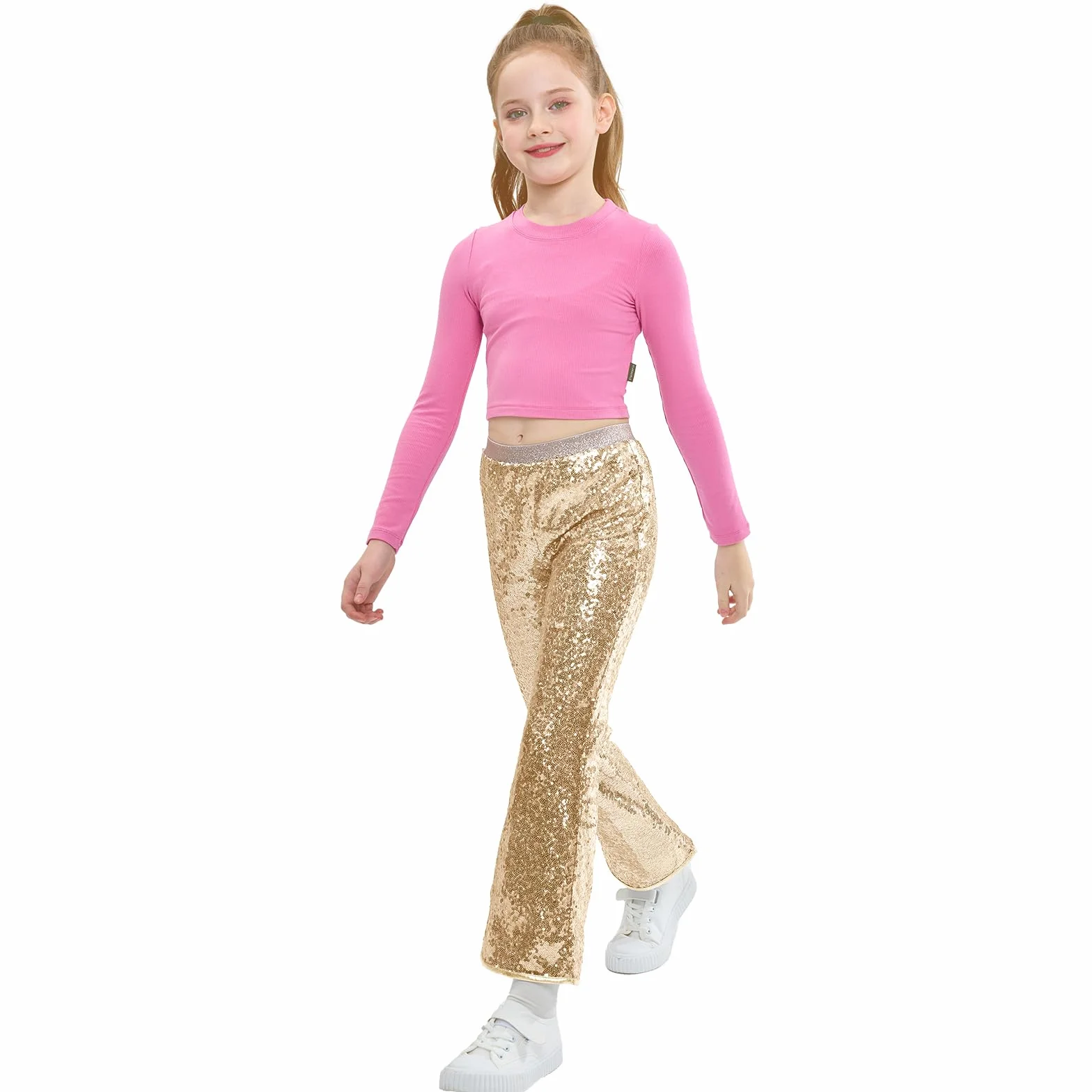 Pantalones de Lentejuelas para Niña, Acampanados Disco Brillantes, Ropa de Fiesta Hip Hop